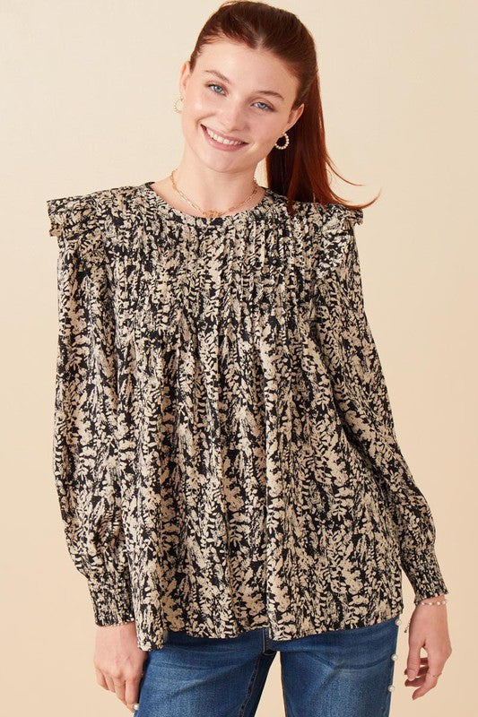 Pleat Detail Ruffle Shoulder Floral Top