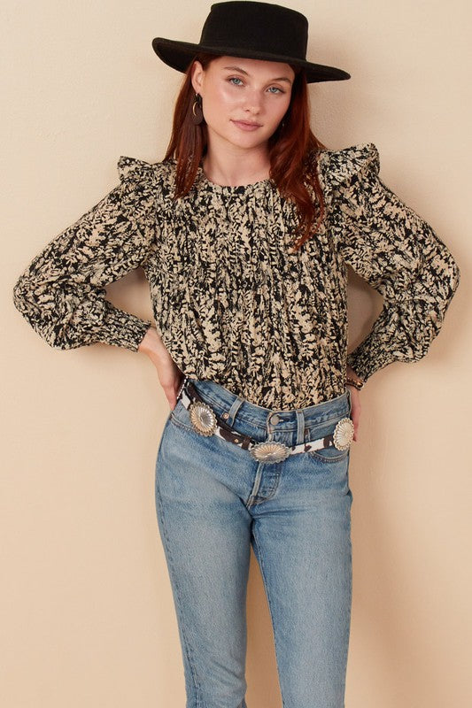 Pleat Detail Ruffle Shoulder Floral Top