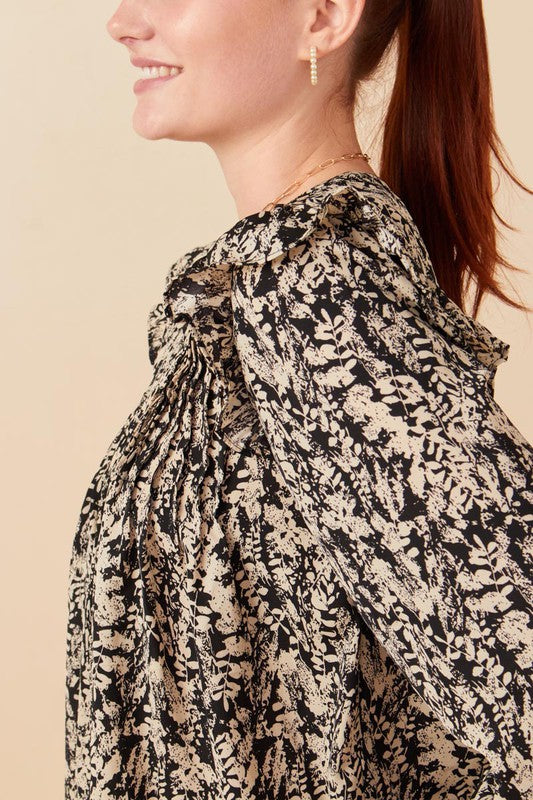 Pleat Detail Ruffle Shoulder Floral Top