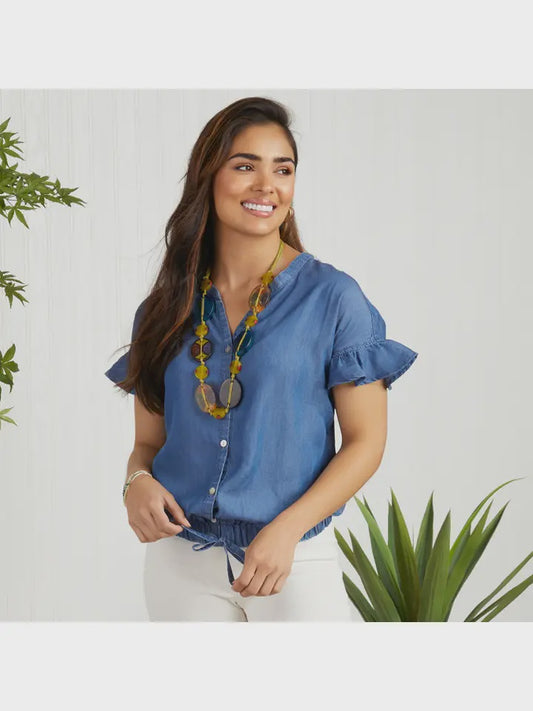 Tanner Ruffle Sleeve Chambray Top by Coco & Carmen