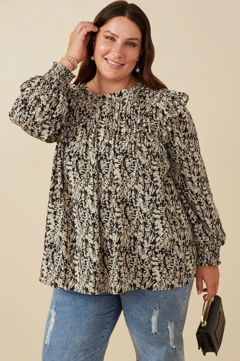 Pleat Detail Ruffle Shoulder Floral Top