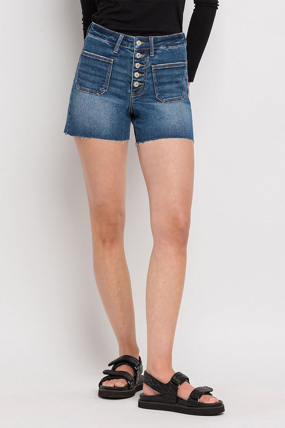 High Rise Patched Button Fly Shorts by Lovervet
