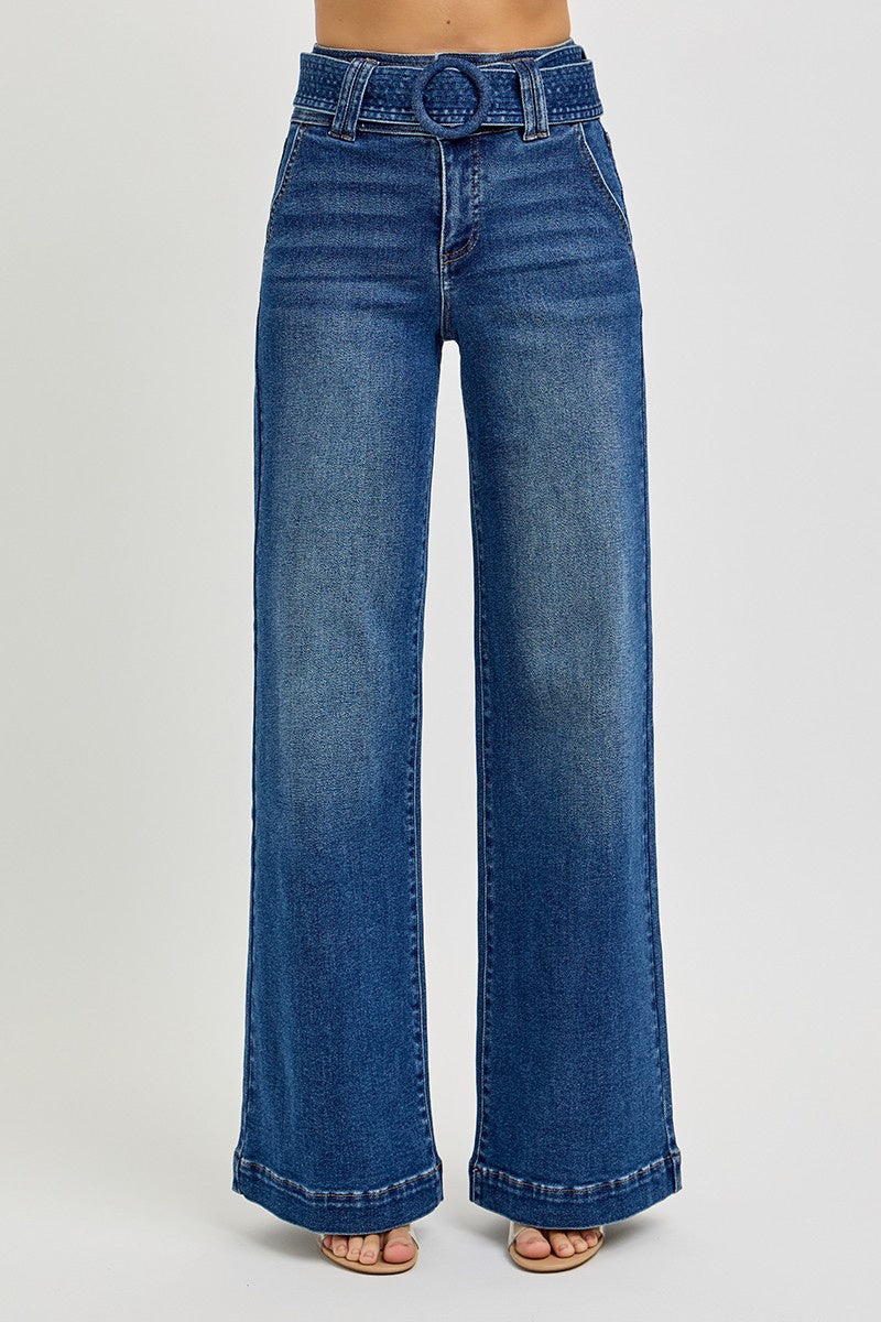 Tummy Control High Rise Wide Leg Self Belted Jeans by Risen