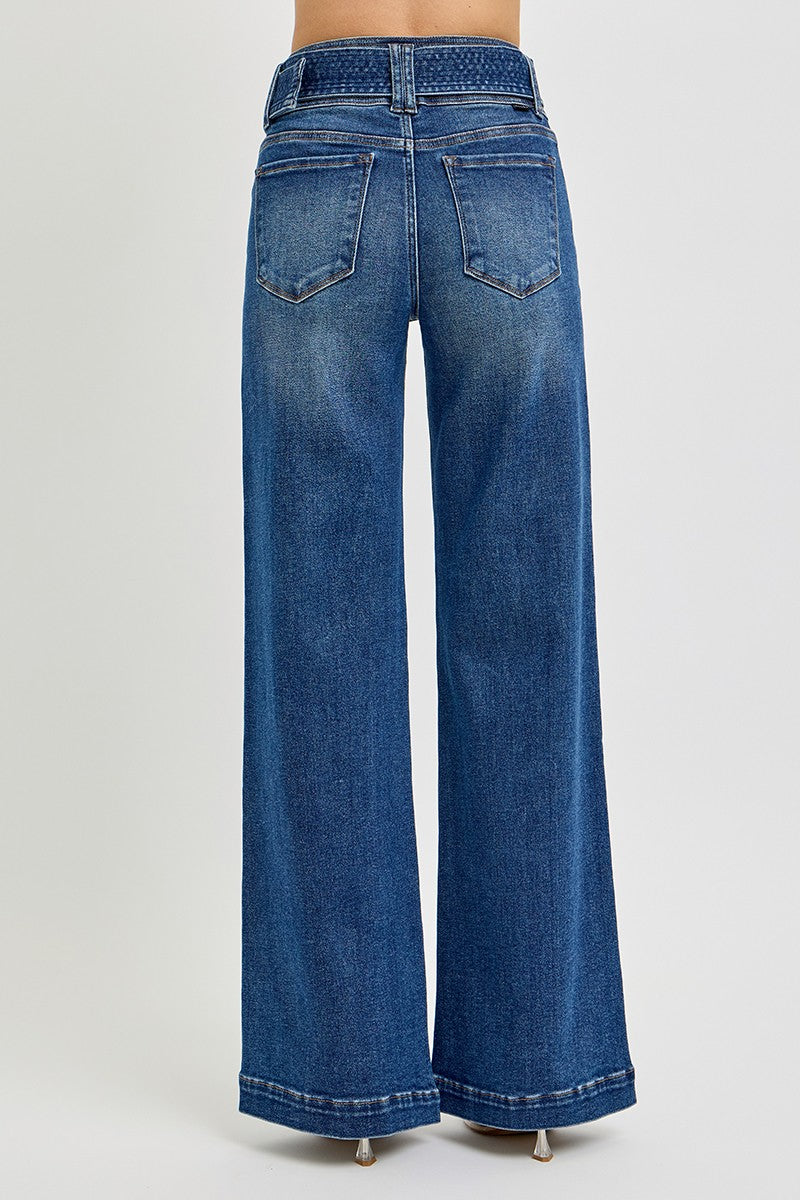 Tummy Control High Rise Wide Leg Self Belted Jeans by Risen