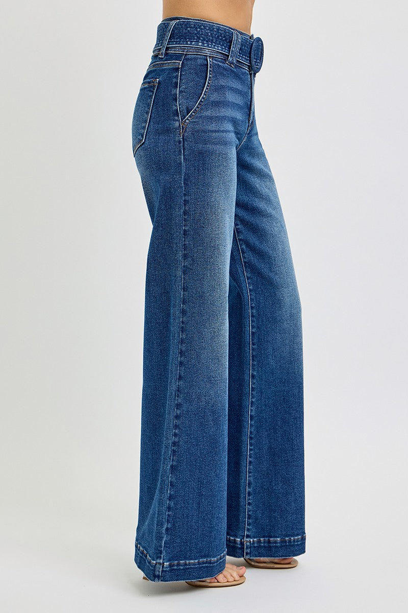 Tummy Control High Rise Wide Leg Self Belted Jeans by Risen