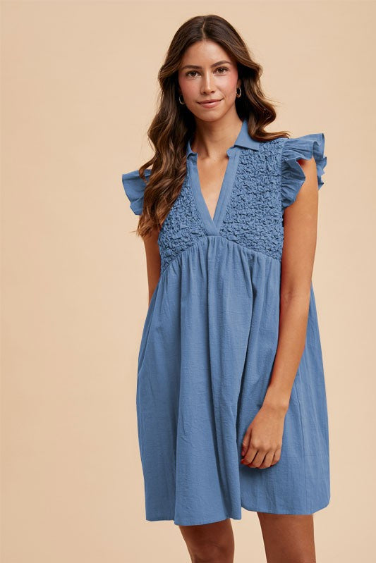 Smoky Blue Smocked Babydoll Dress