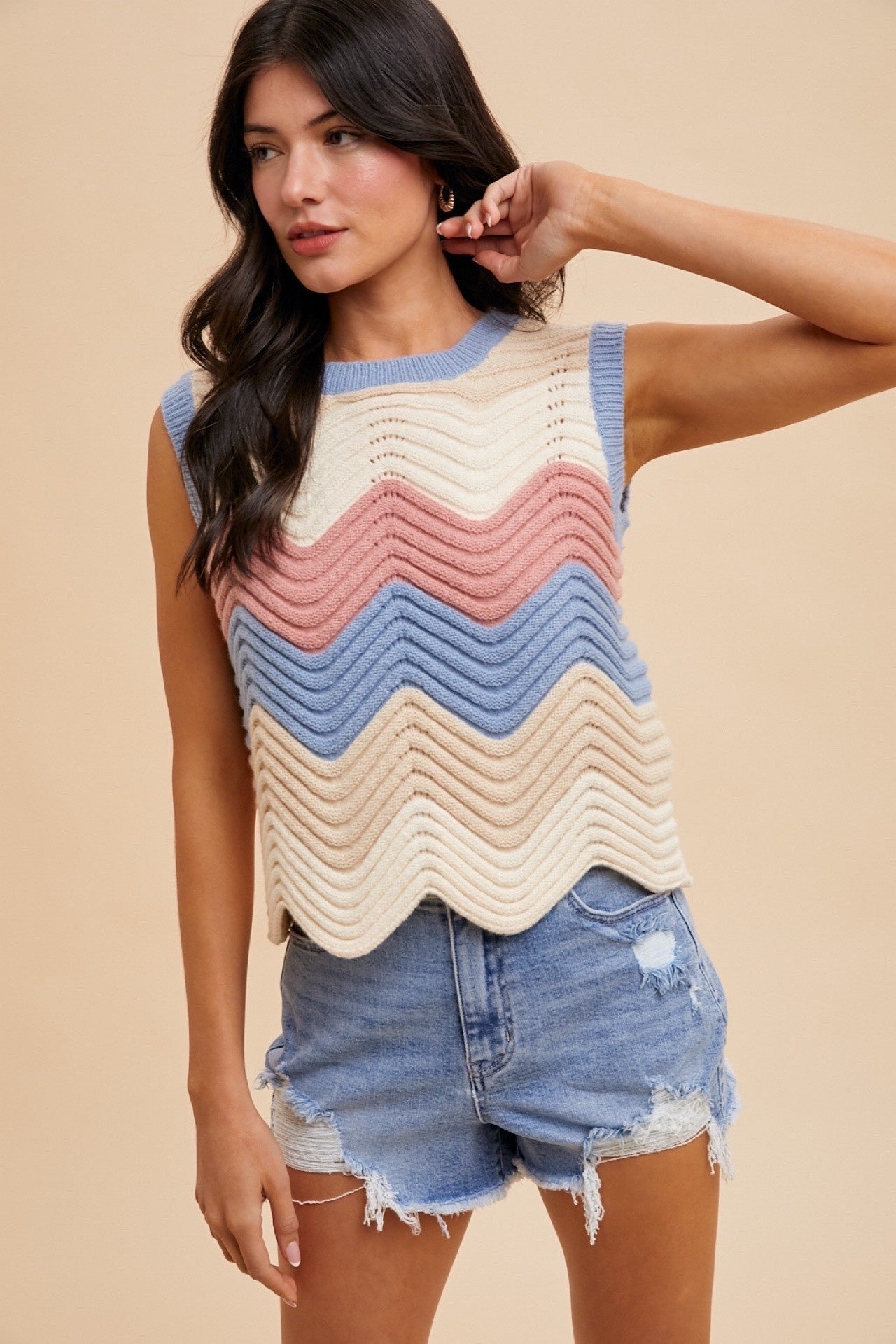 Color Waive Pointelle Sweater Top