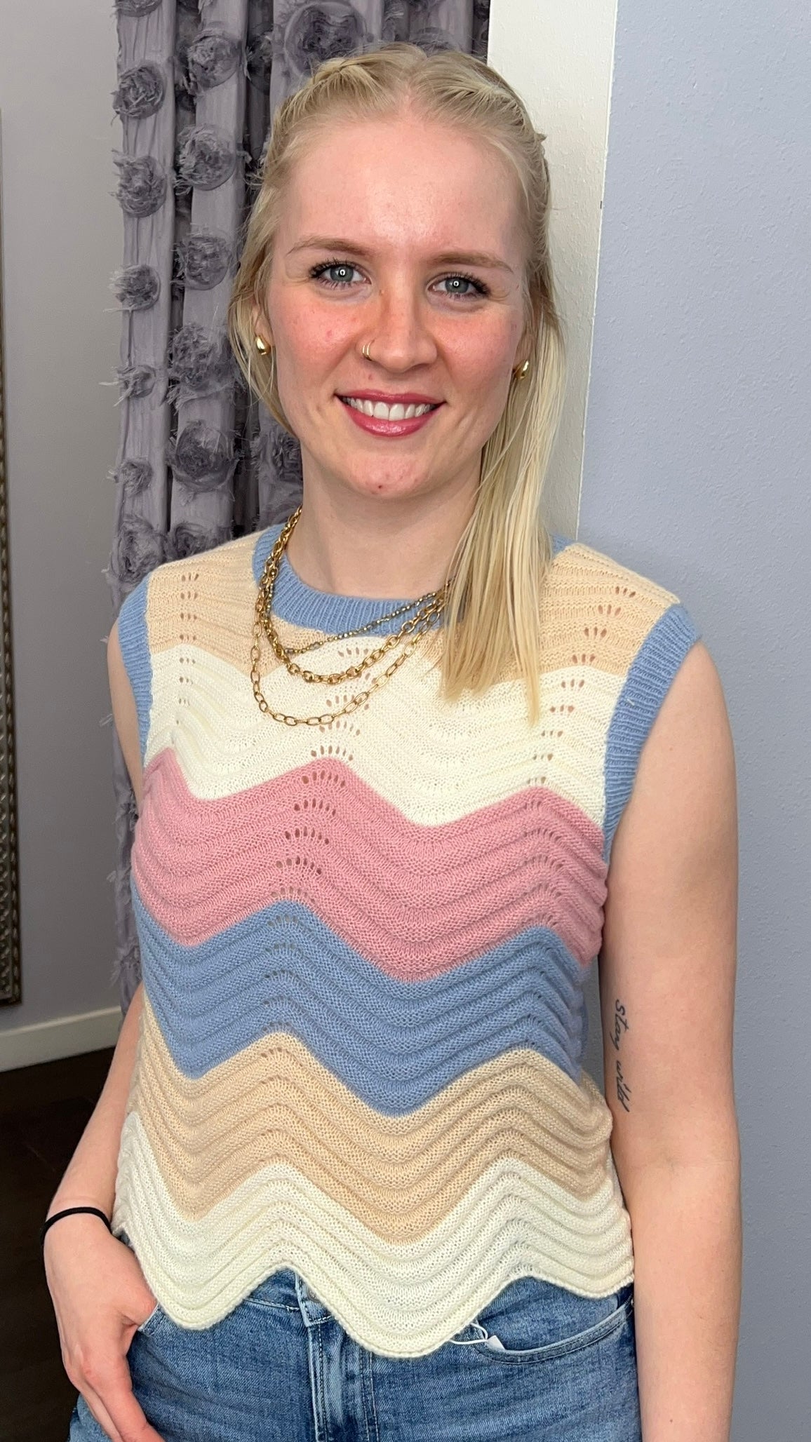 Color Waive Pointelle Sweater Top