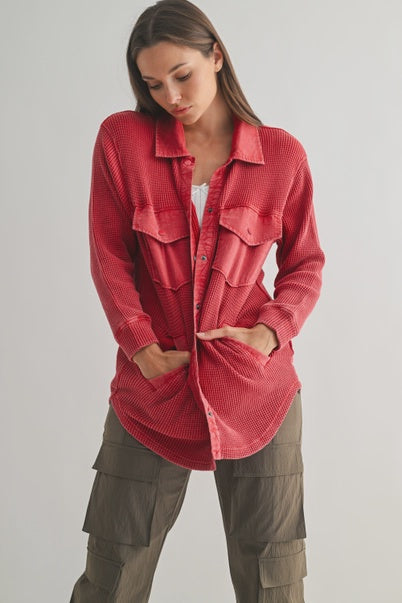 Waffle Knit Mineral-Washed Button Down Jacket by Mono B