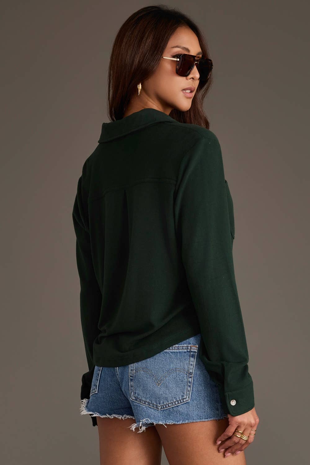 Perfectly Cropped Super Soft Button Up in Hunter Green