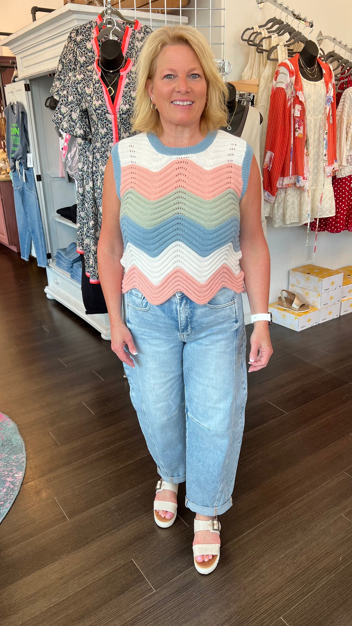 Color Waive Pointelle Sweater Top