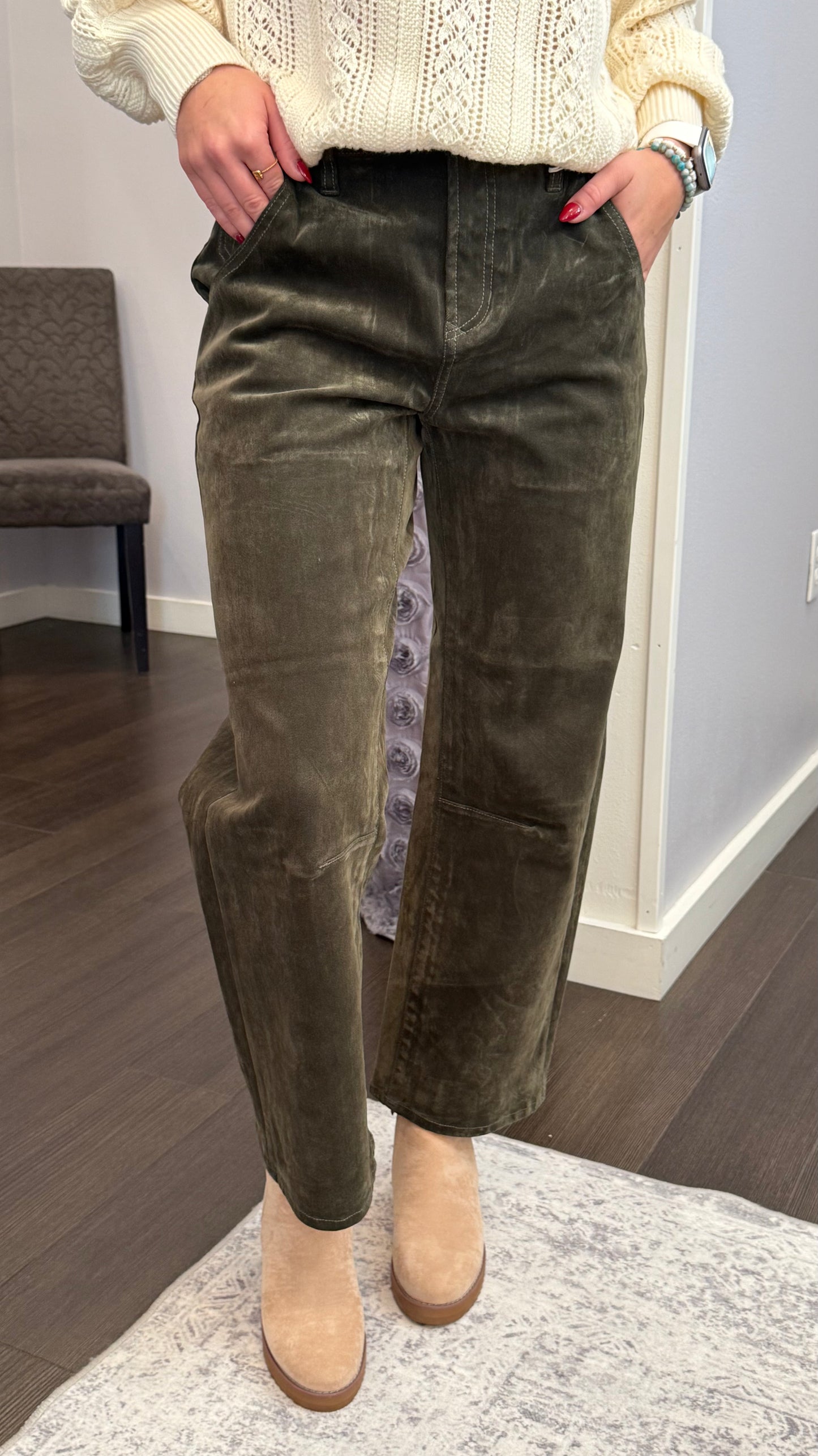 Lasso Velvet Coated Barrel Leg Denim in Olive by Dear John