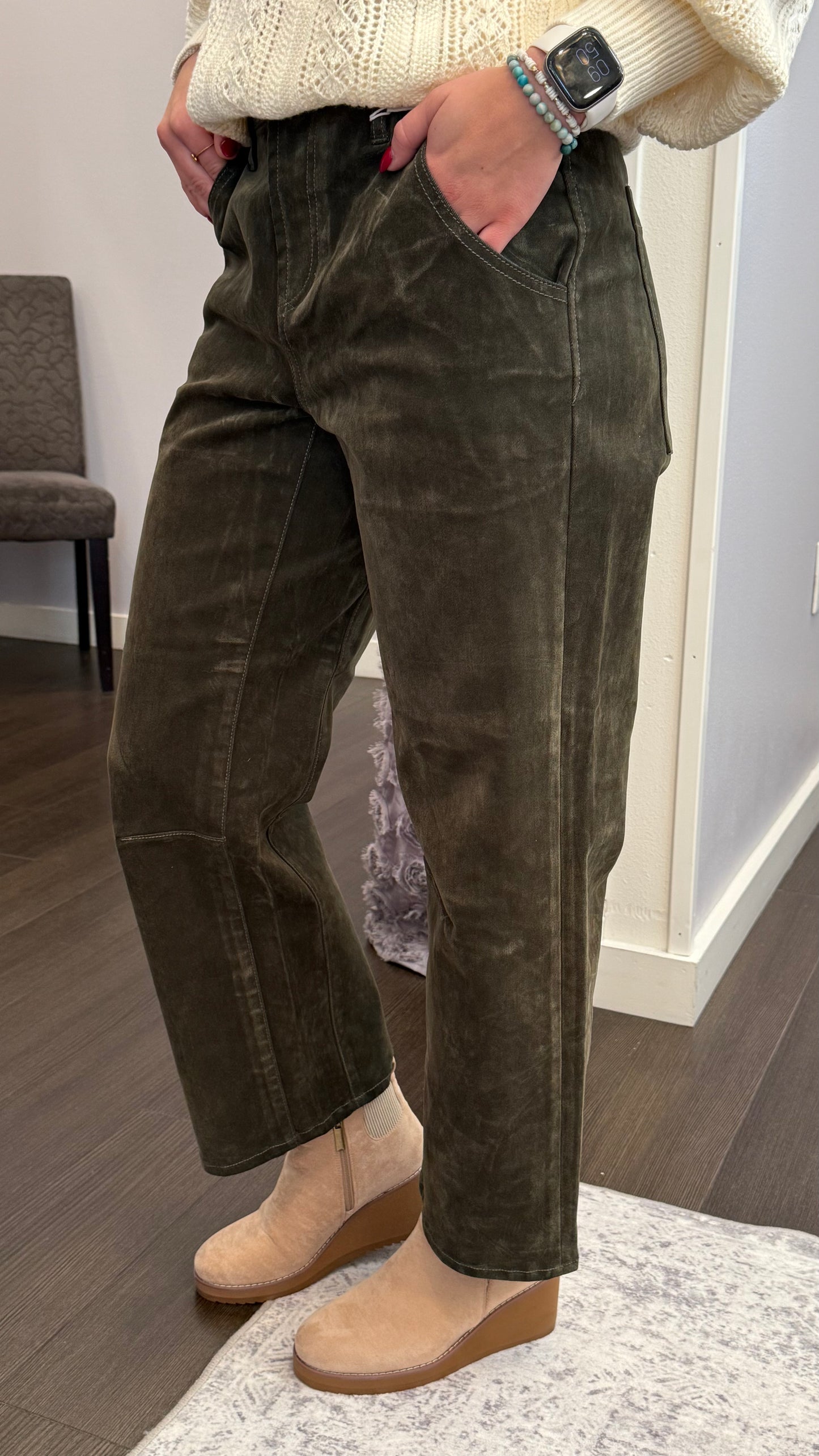Lasso Velvet Coated Barrel Leg Denim in Olive by Dear John