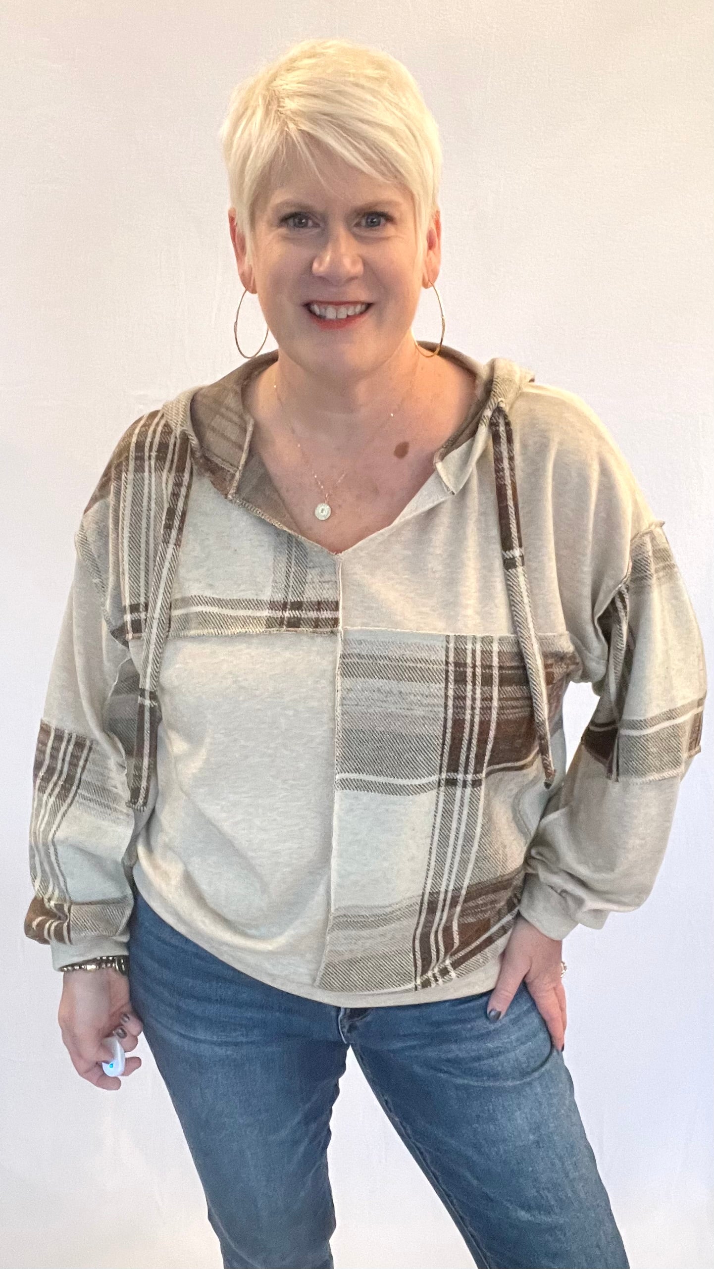 Plaid Brushed Knit Hoodie