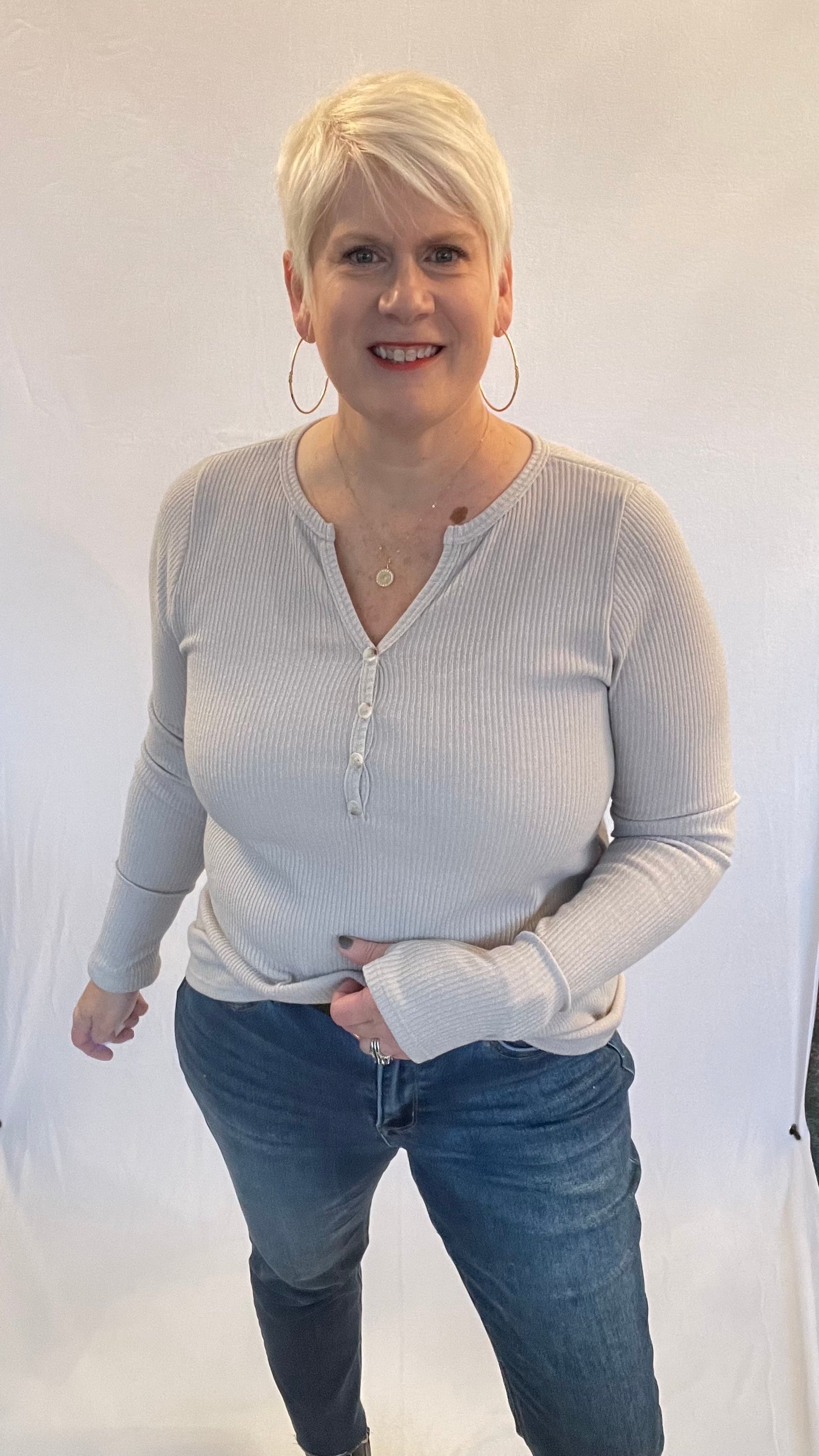 Ribbed Knit Top With Button Detail