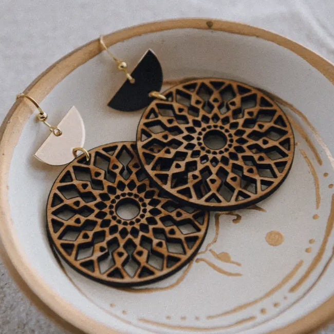 Gold Plated Half Moon Tierred Mandala Wood Earring