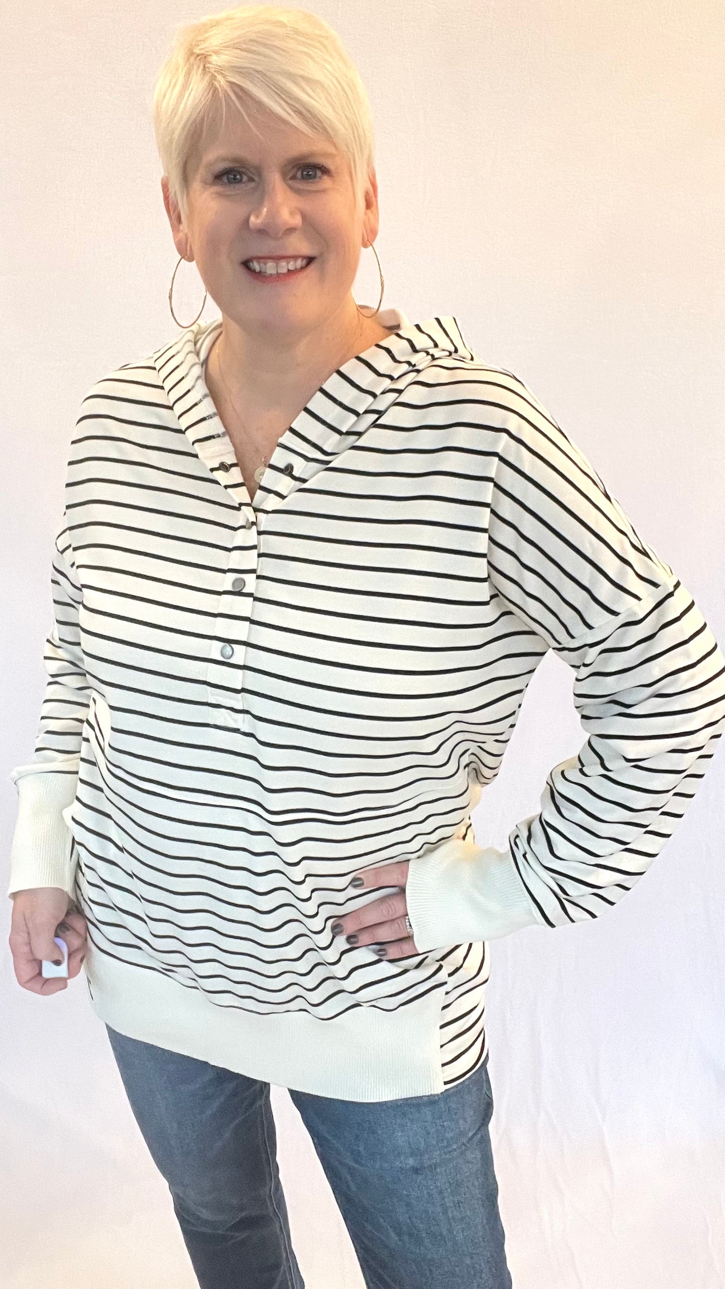 Striped French Terry 1/2 Button Hoodie