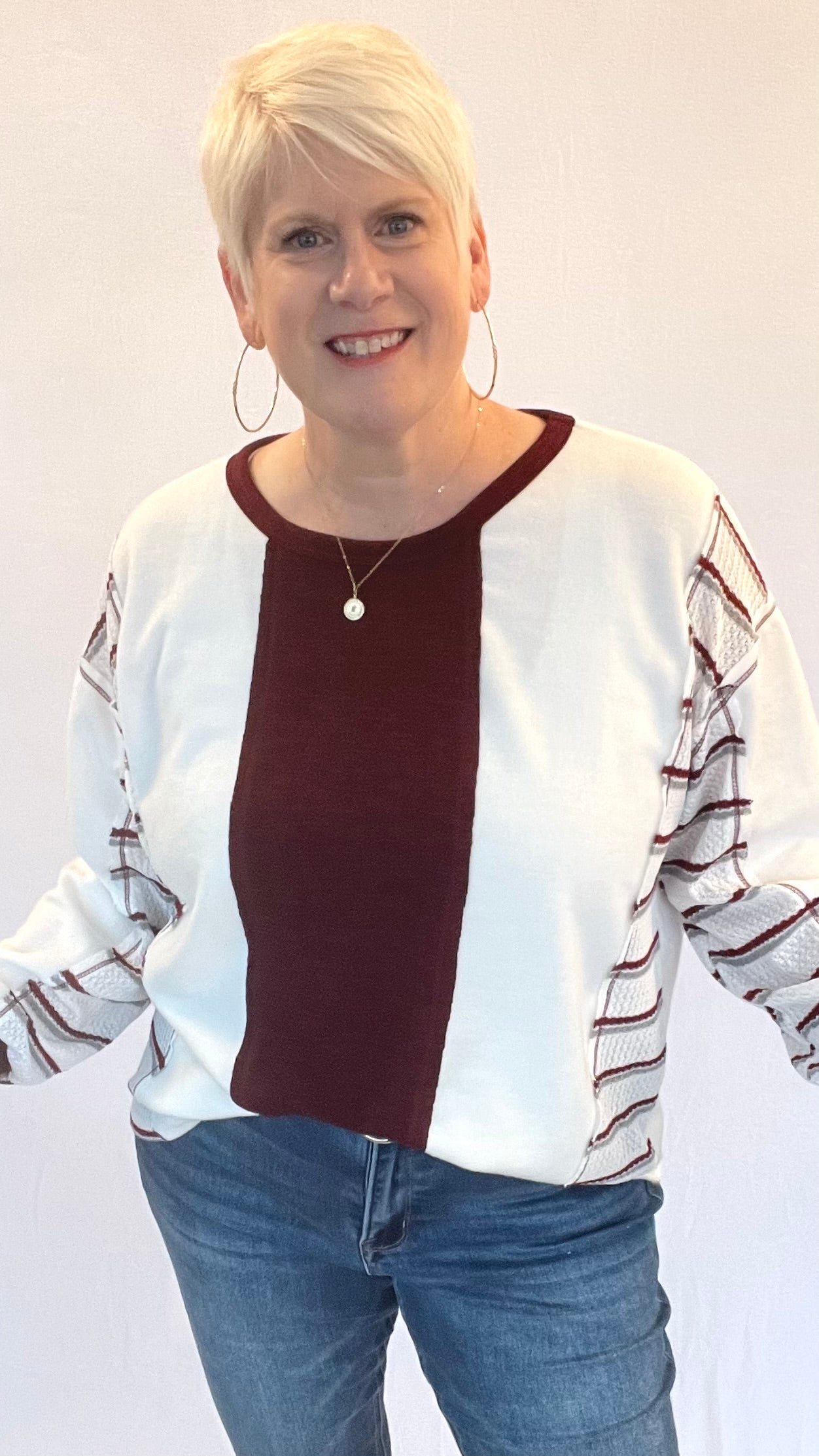Color Block Top With Striped Waffle Knit Contrast
