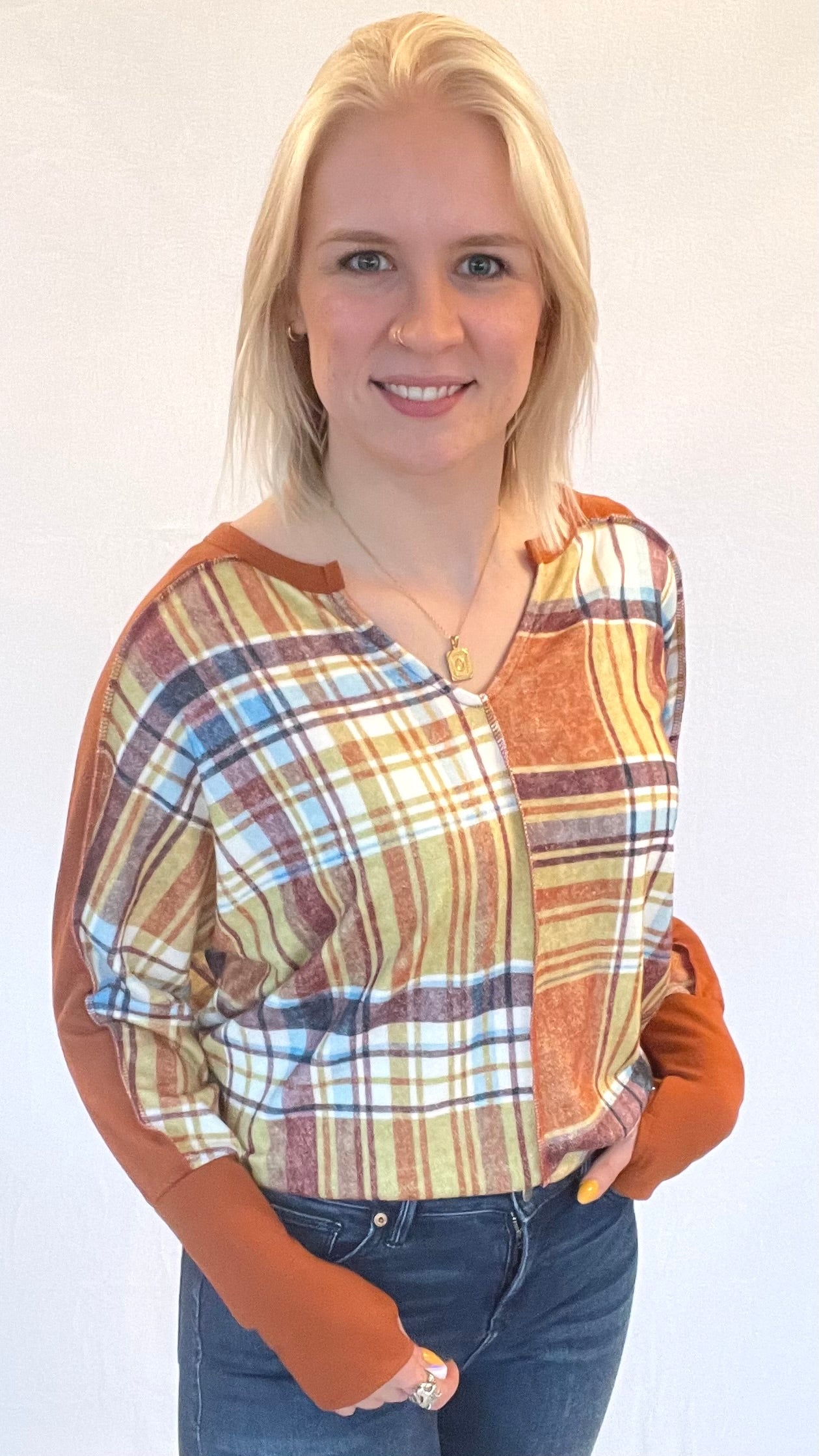 Brushed Hacci Knit Plaid Top
