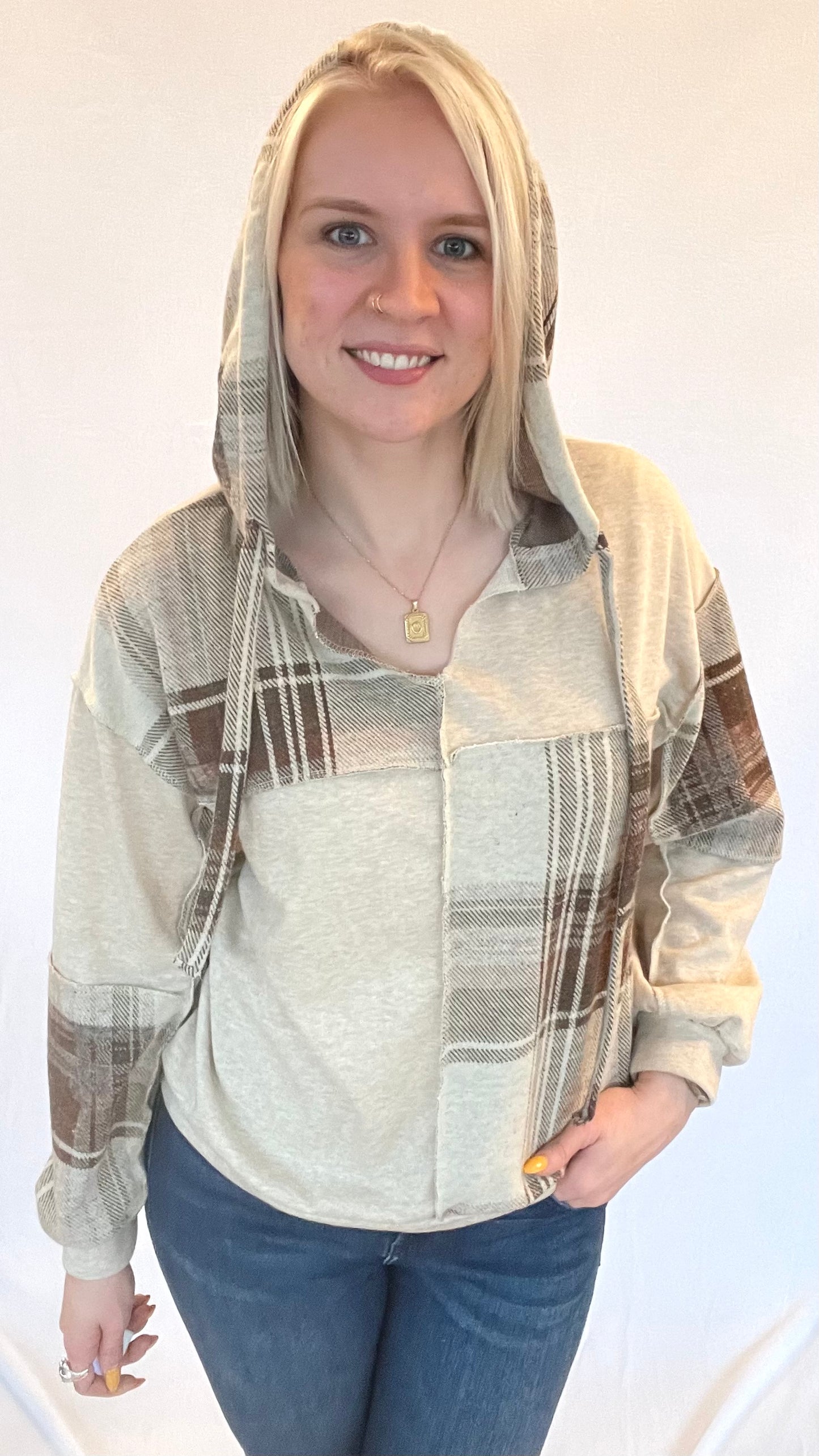 Plaid Brushed Knit Hoodie