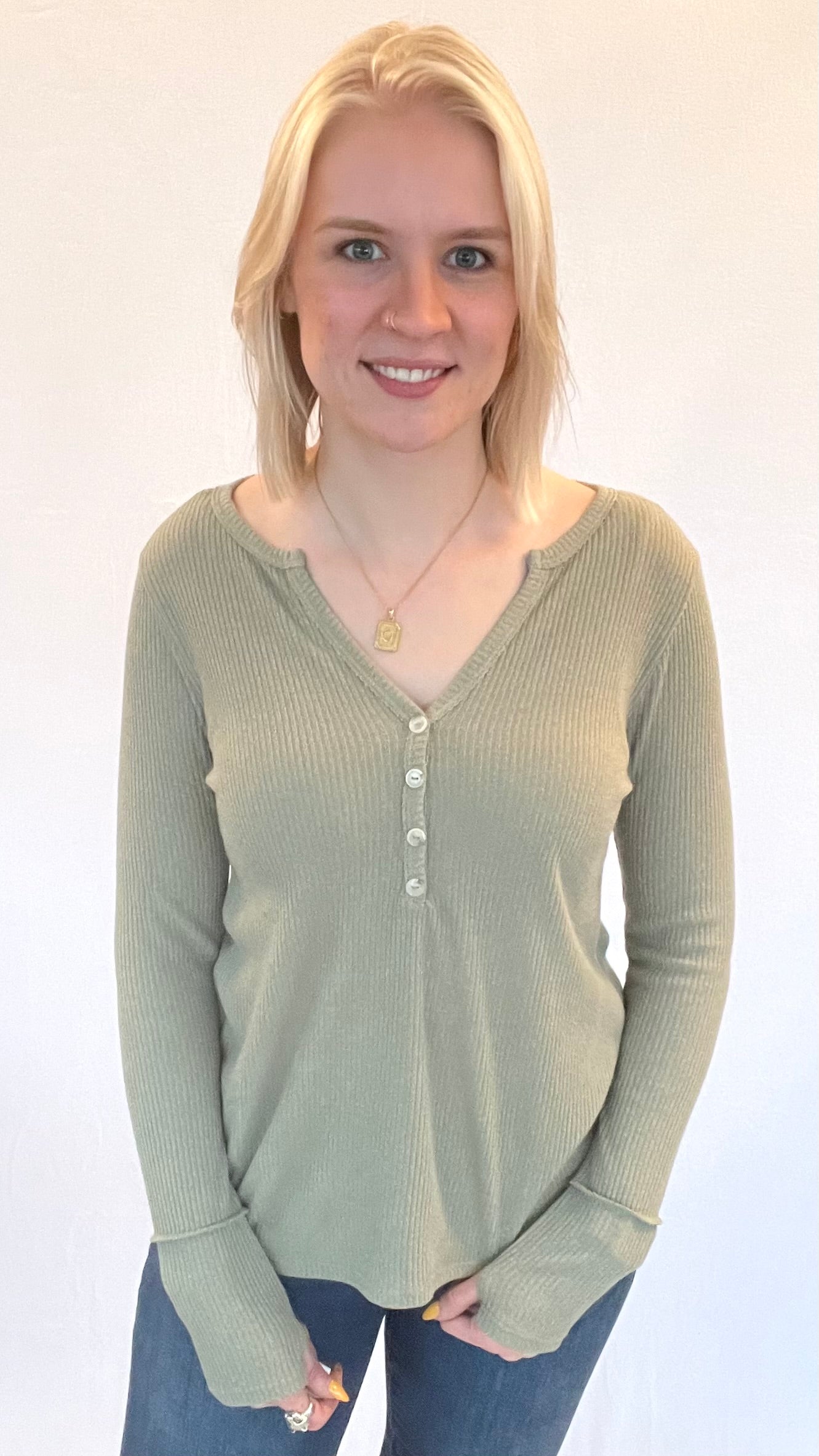 Ribbed Knit Top With Button Detail