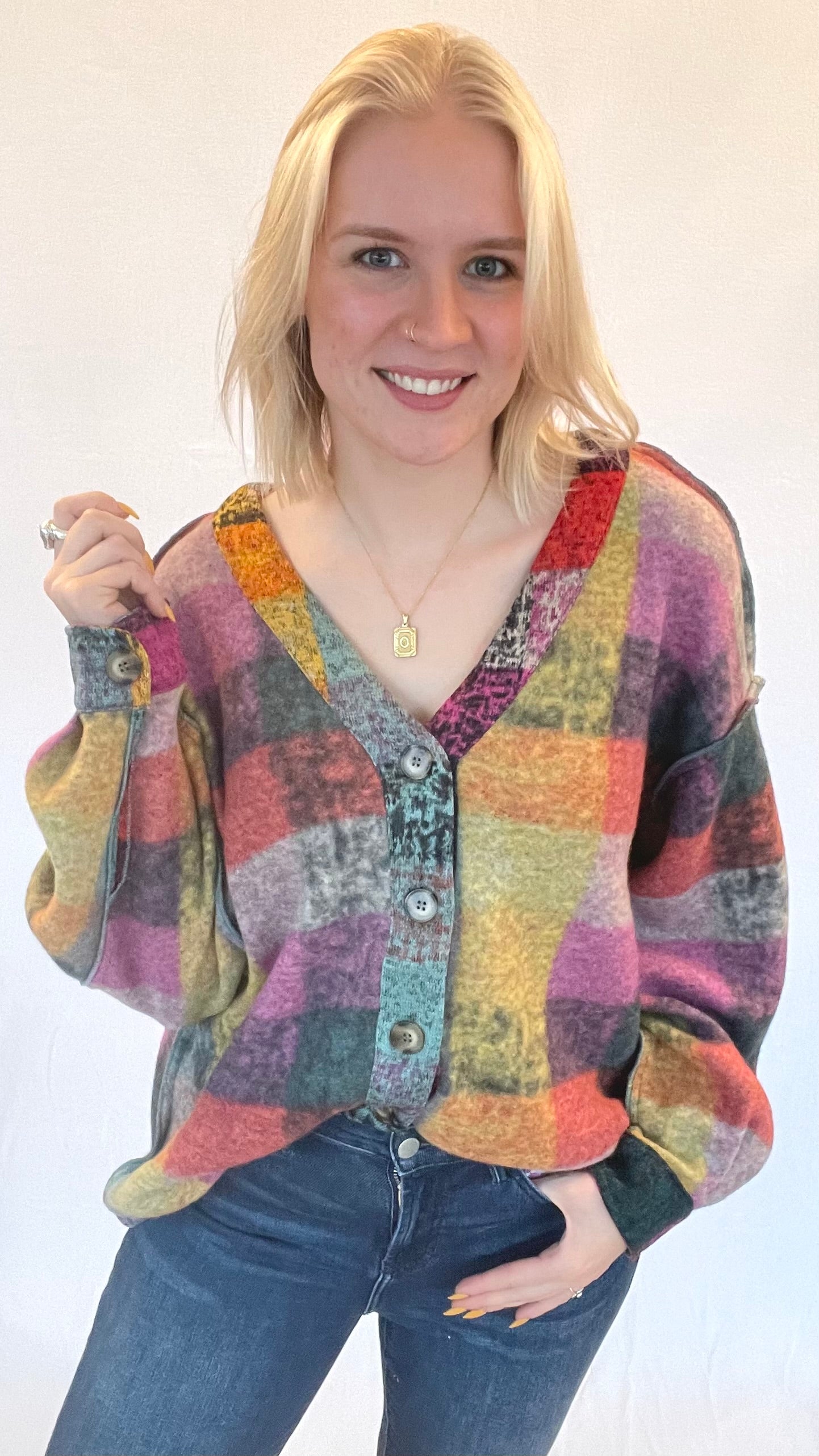 Brushed Fleece Checkered Cardigan