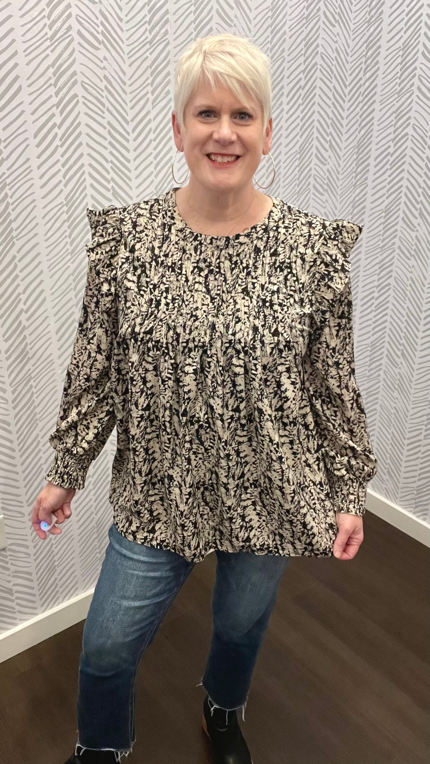Pleat Detail Ruffle Shoulder Floral Top