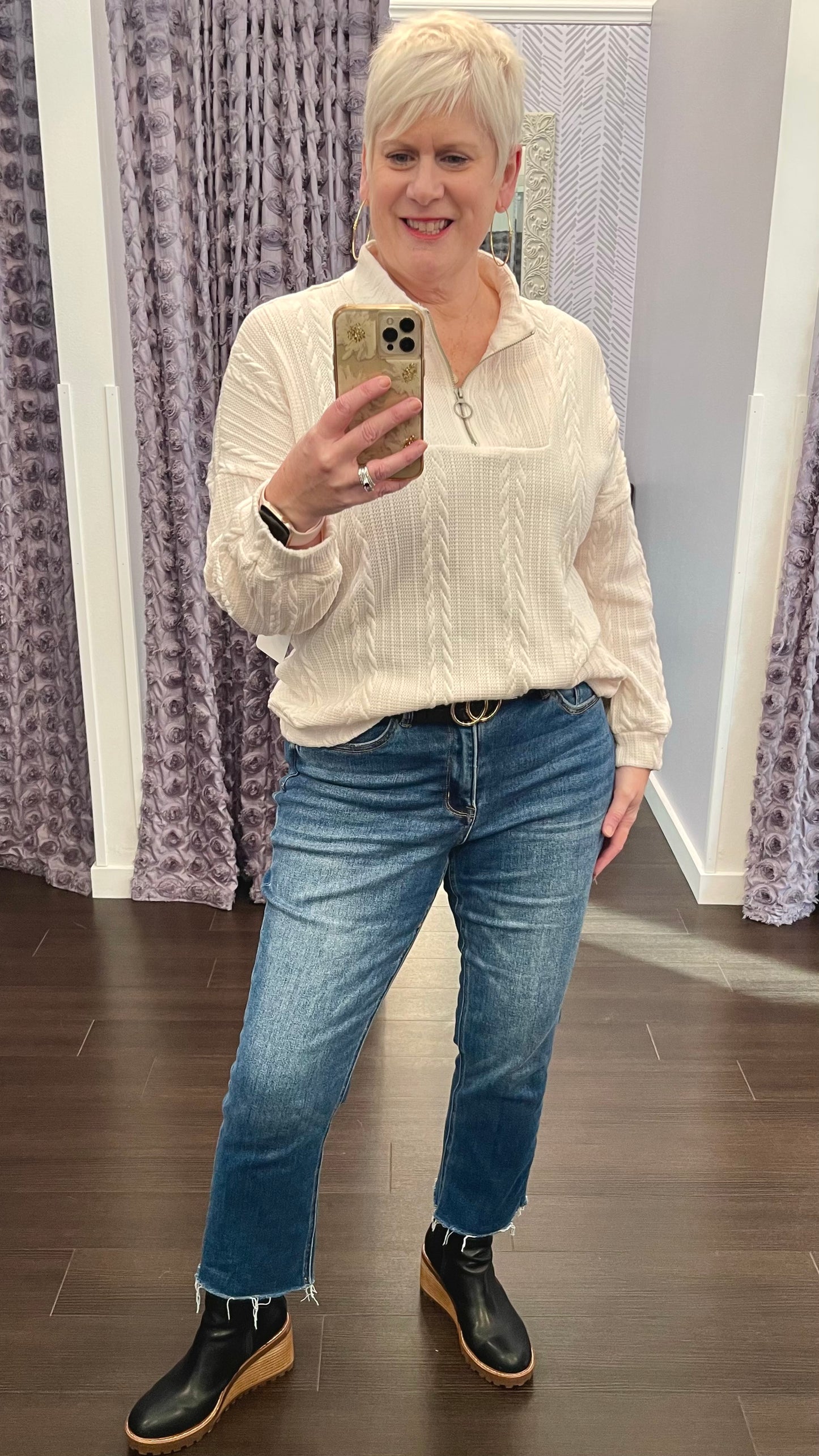 Cable Knit Long Sleeve Neck Half Zip Top