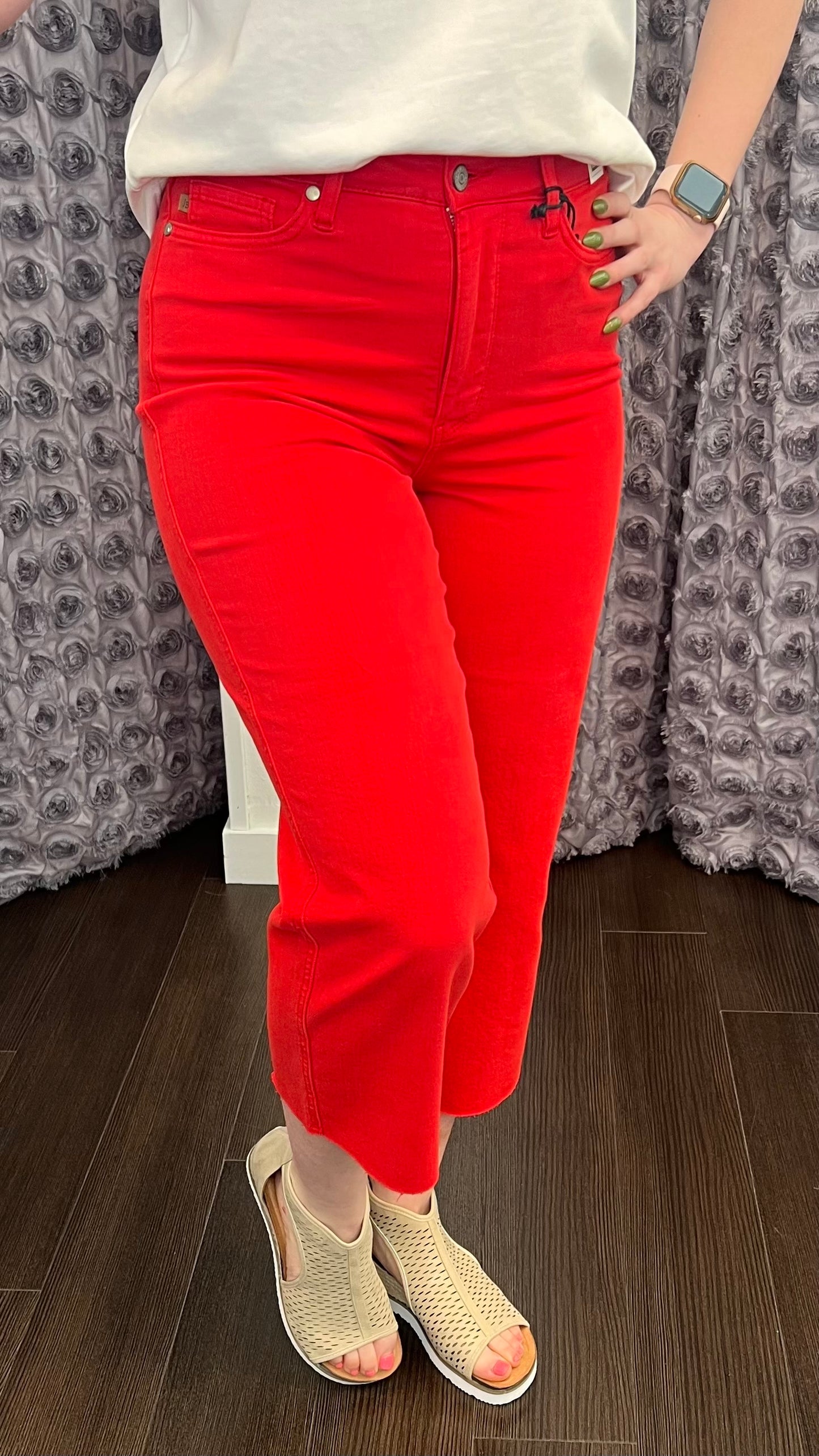 Judy Blue High Waist Garment Dyed Tummy Control Crop Wide in Red