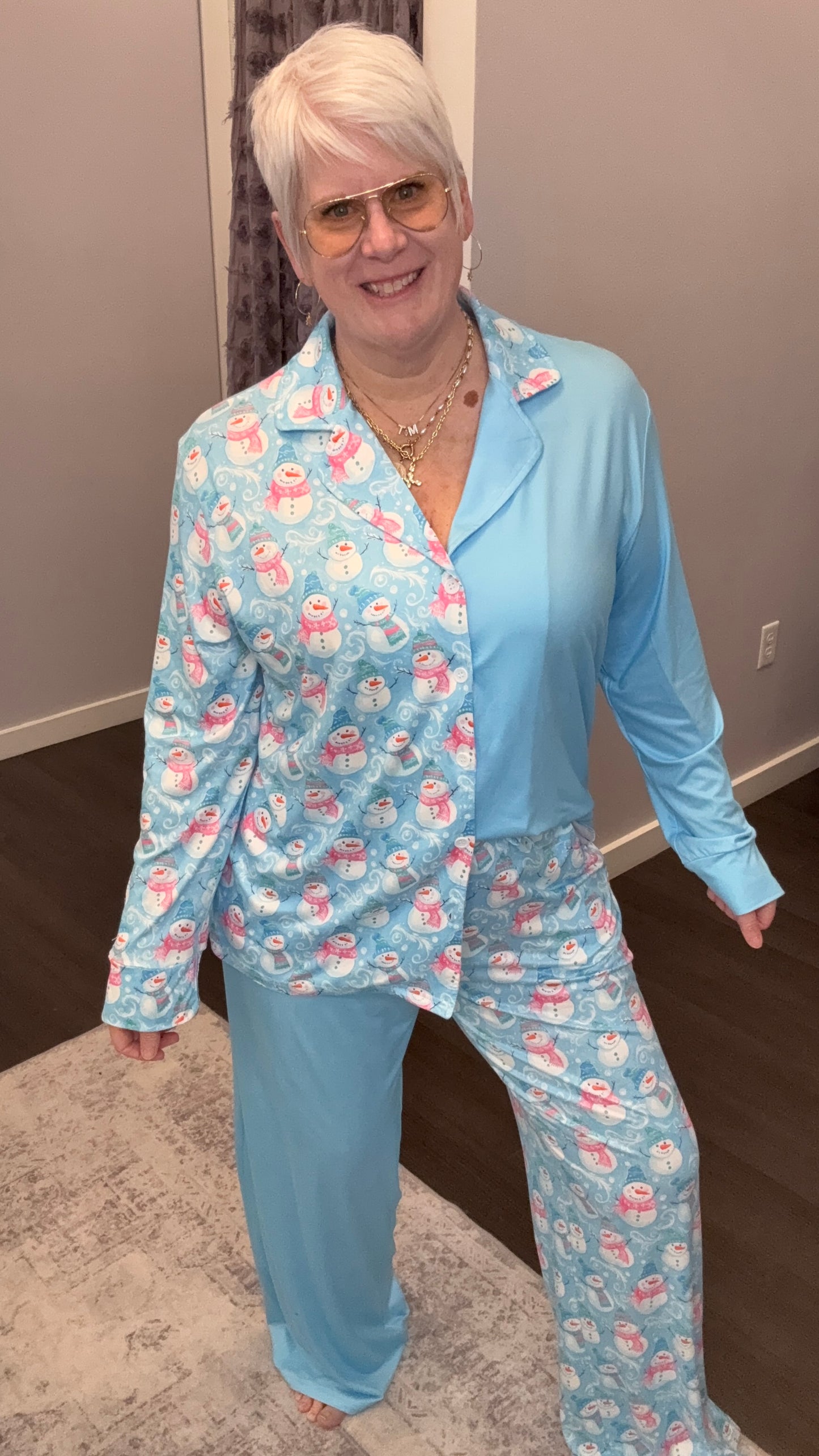 Salty Wave Snowmen Sledding Blue Wide Leg Pajama Set - VALUE OF $64.95