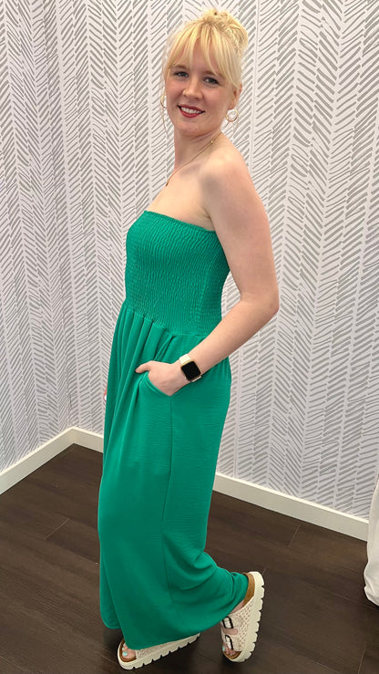 Smocked Strapless Airflow Jumpsuit in Green