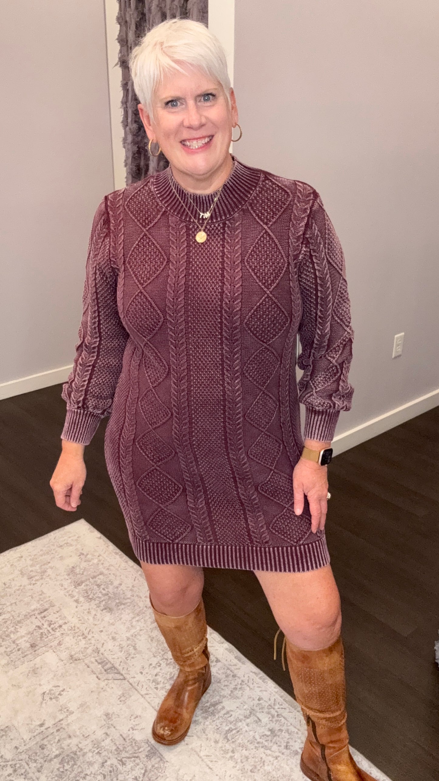 Plum Perfect Cable Knit Sweater Dress by Dex