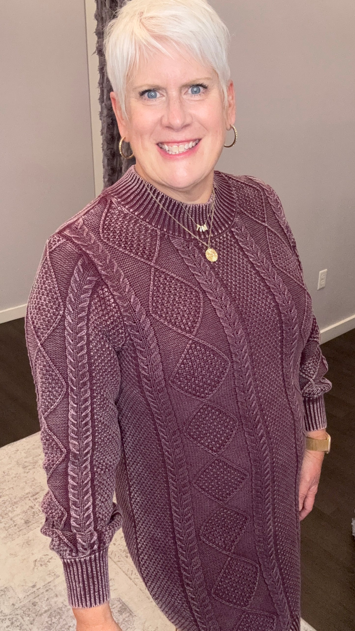 Plum Perfect Cable Knit Sweater Dress by Dex