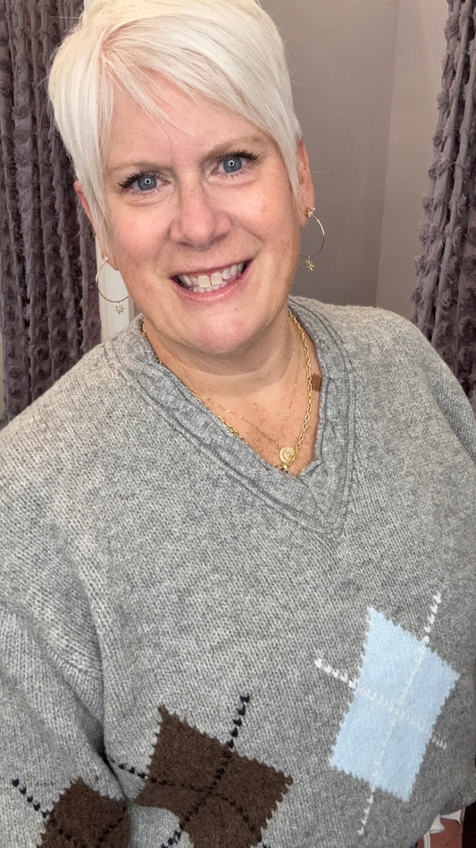 Prep Talk Argyle Sweater in Grey