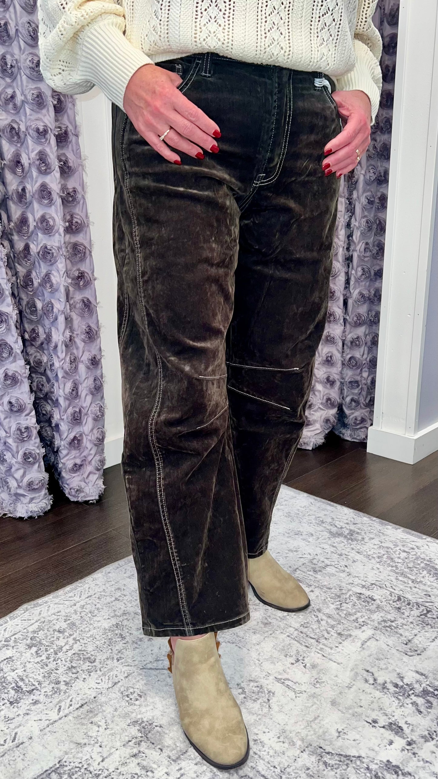 Kate High Rise Flocked Barrel Leg Jeans in Velvet Stone by Vervet