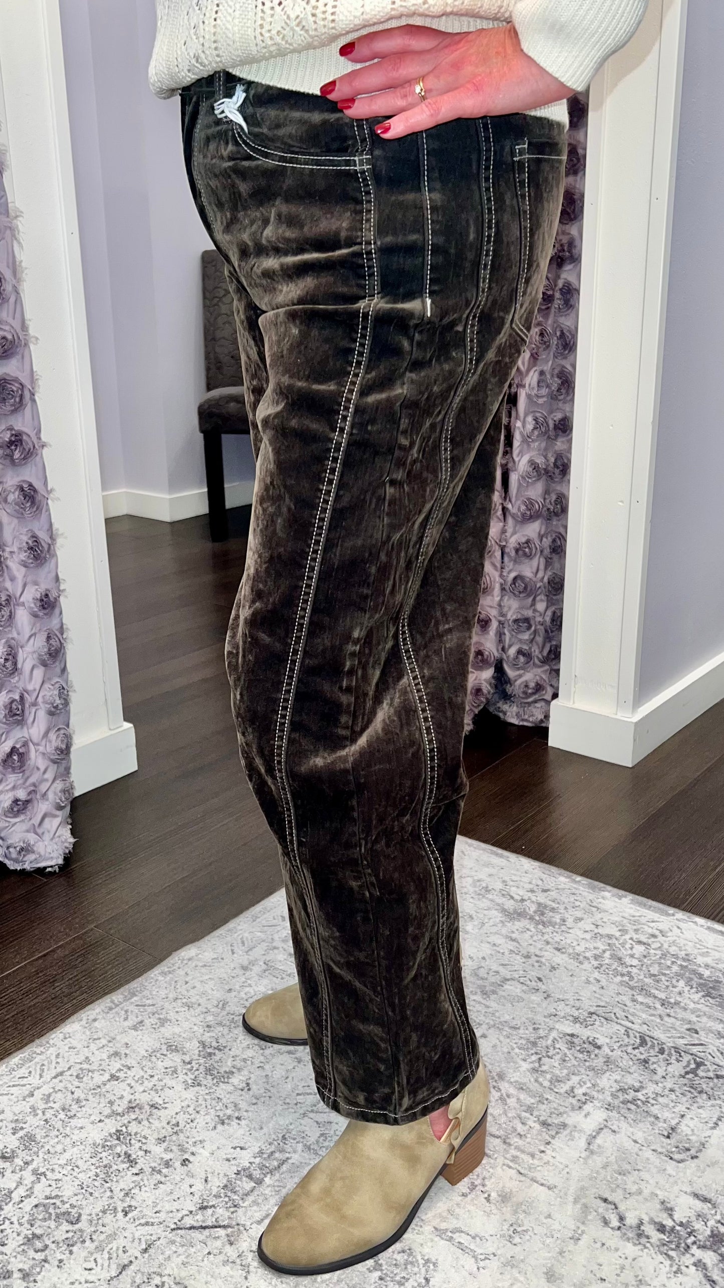 Kate High Rise Flocked Barrel Leg Jeans in Velvet Stone by Vervet