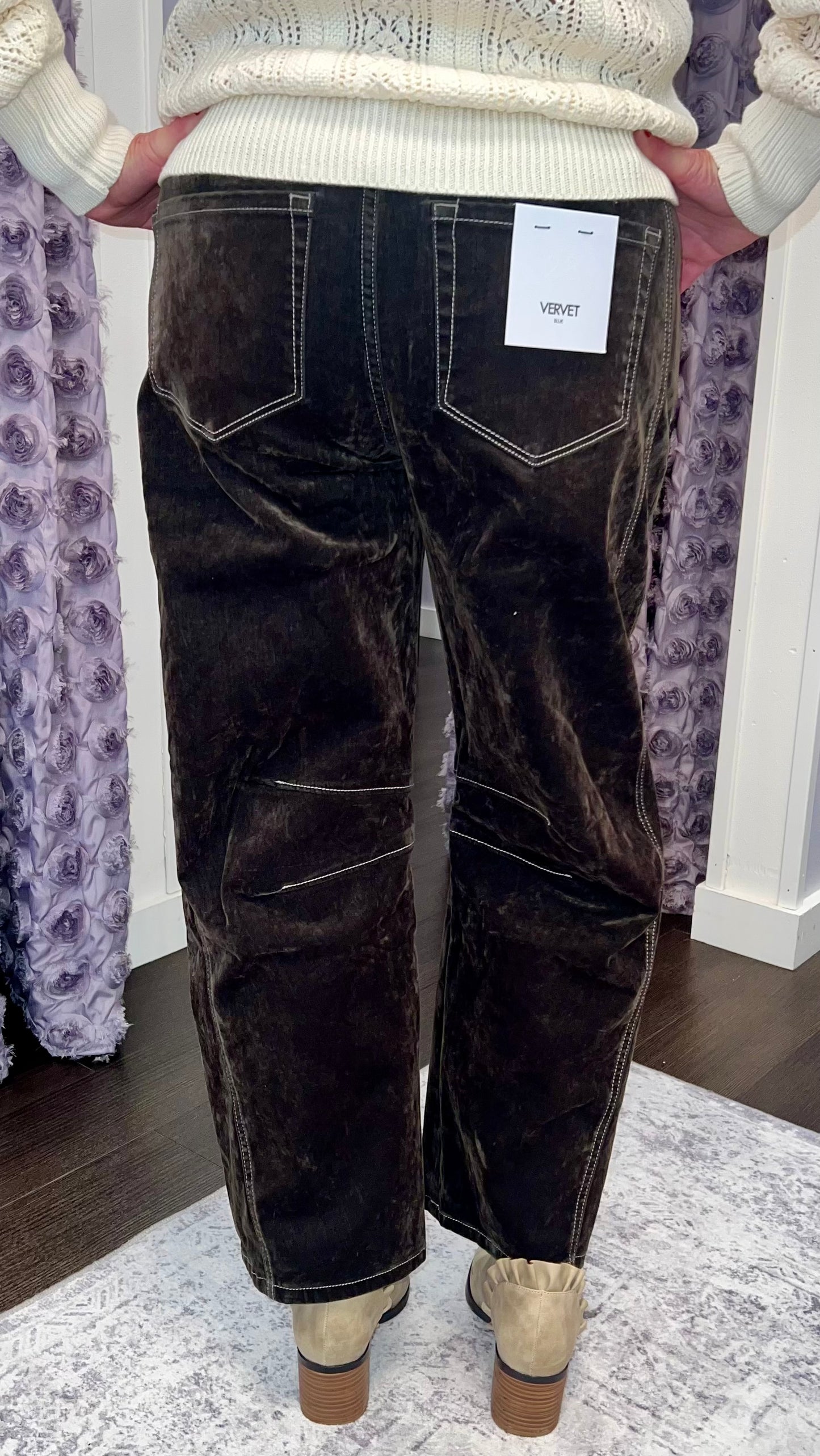 Kate High Rise Flocked Barrel Leg Jeans in Velvet Stone by Vervet