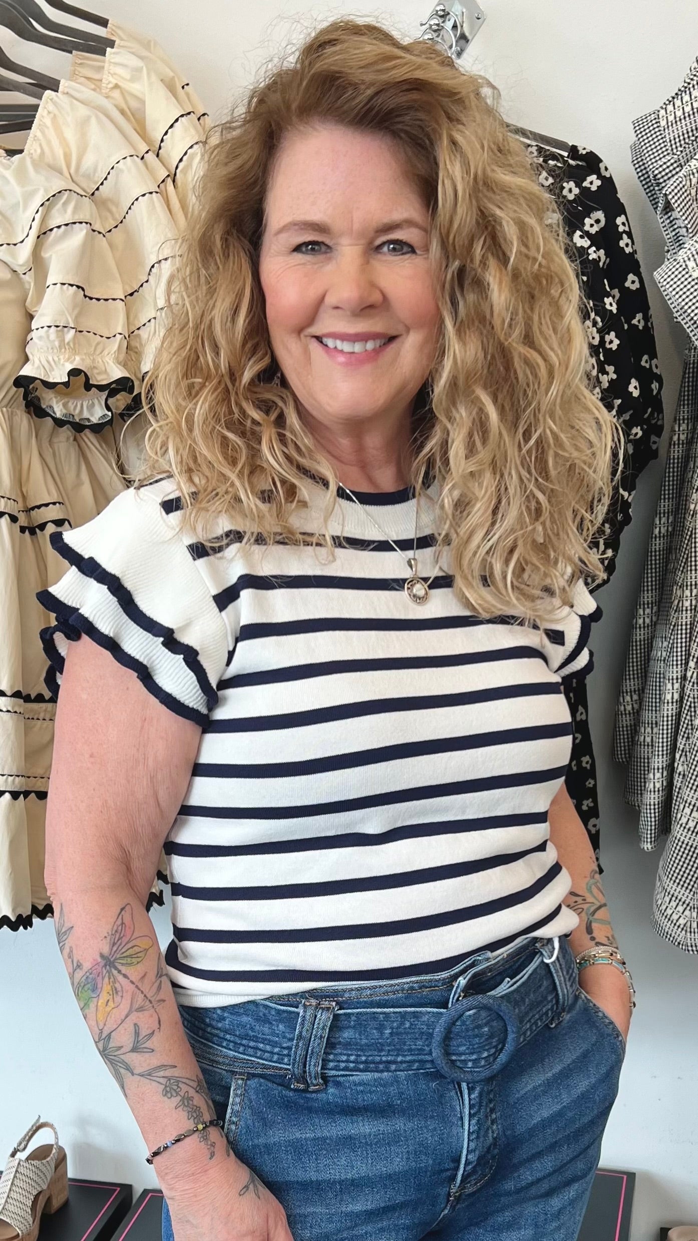 Striped Ruffle Sleeve Sweater Top by Pinch