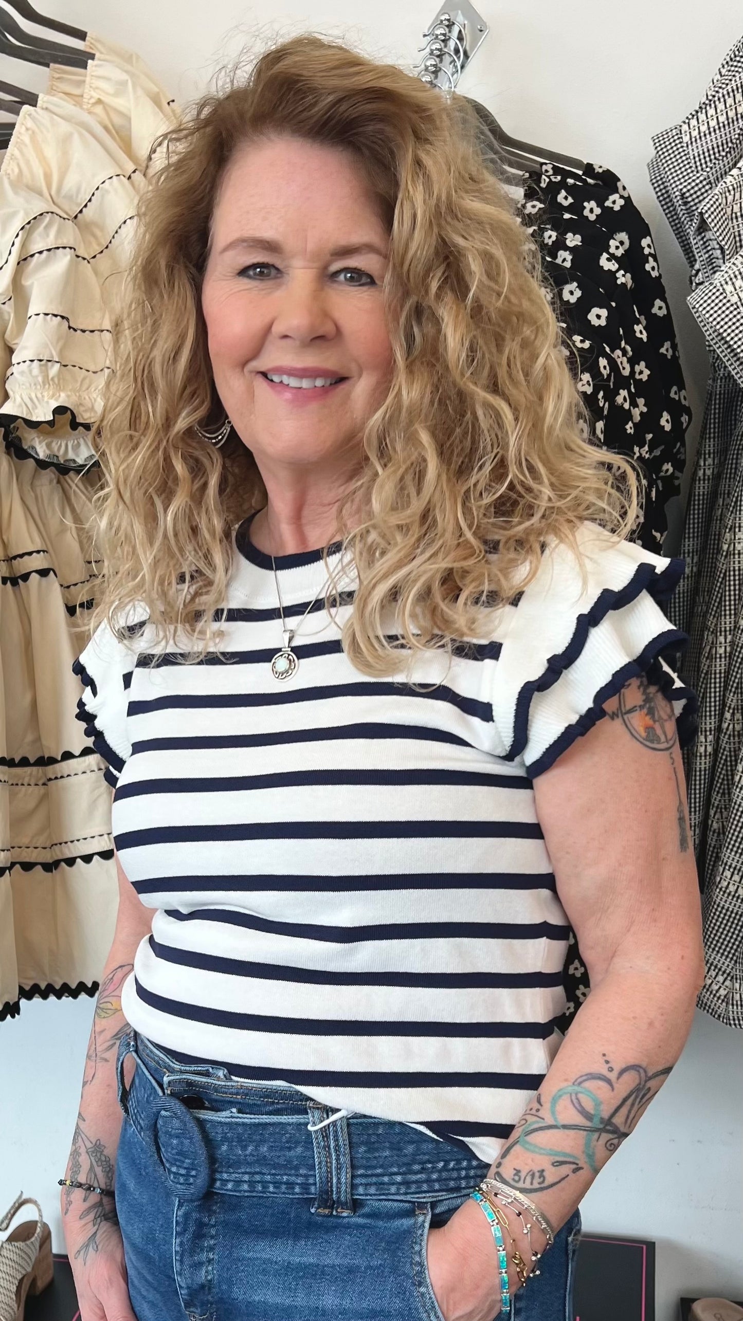Striped Ruffle Sleeve Sweater Top by Pinch
