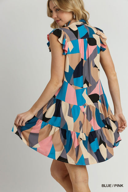 Multi Color Abstract Print Short Ruffle Sleeve Tiered Dress