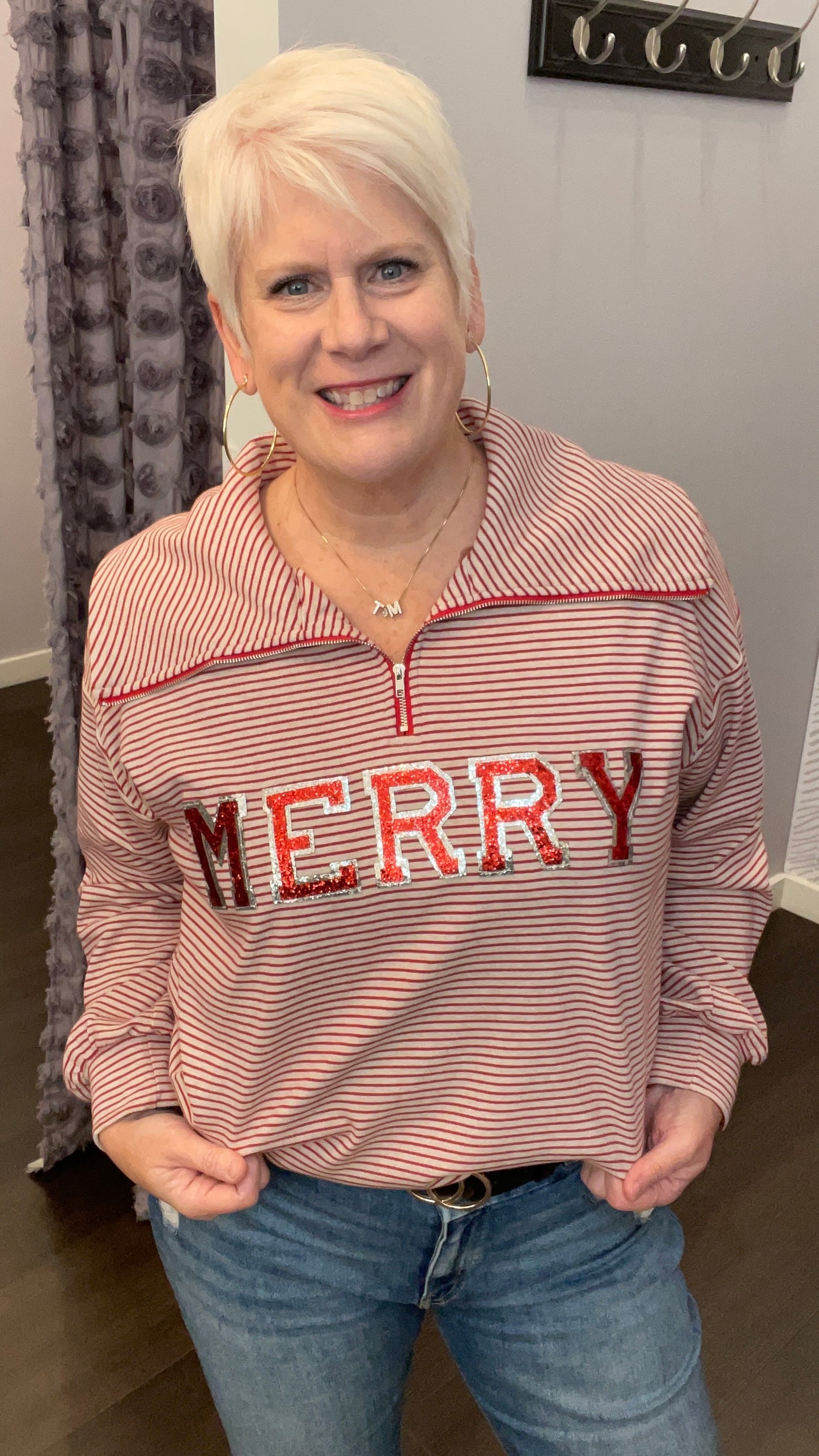 Sequined “Merry” Half Zip Pullover