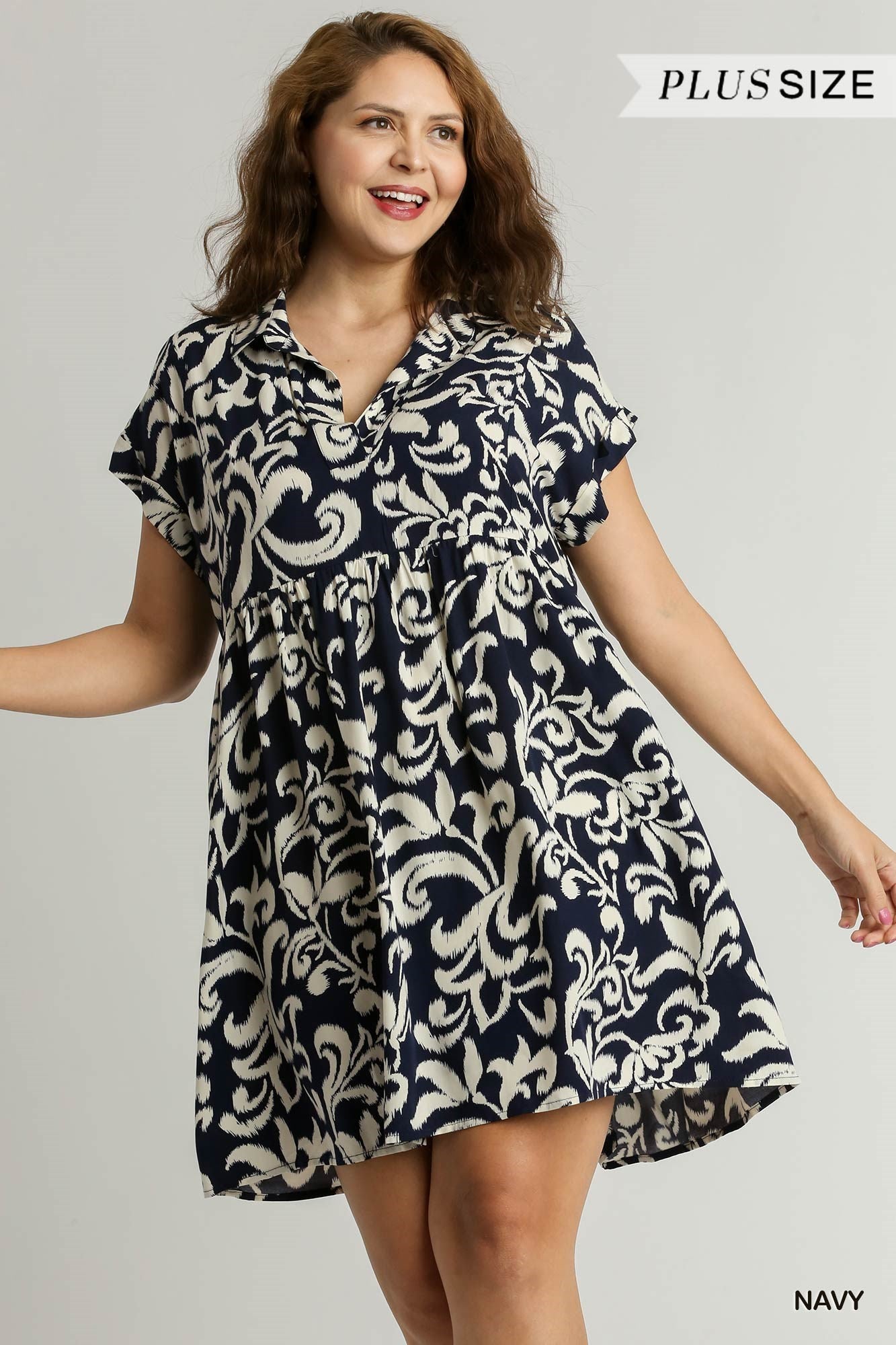 Two Tone Abstract Print Collared Baby Doll Dress with Side Pockets
