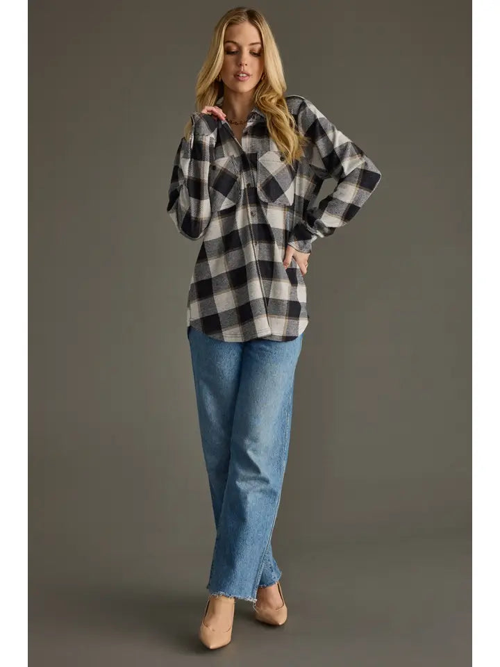 Navy, Brown & Cream Plaid Super Soft Button Up