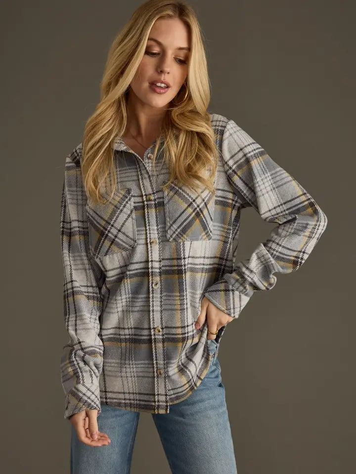 Gray, Charcoal & Yellow Plaid Super Soft Button Up