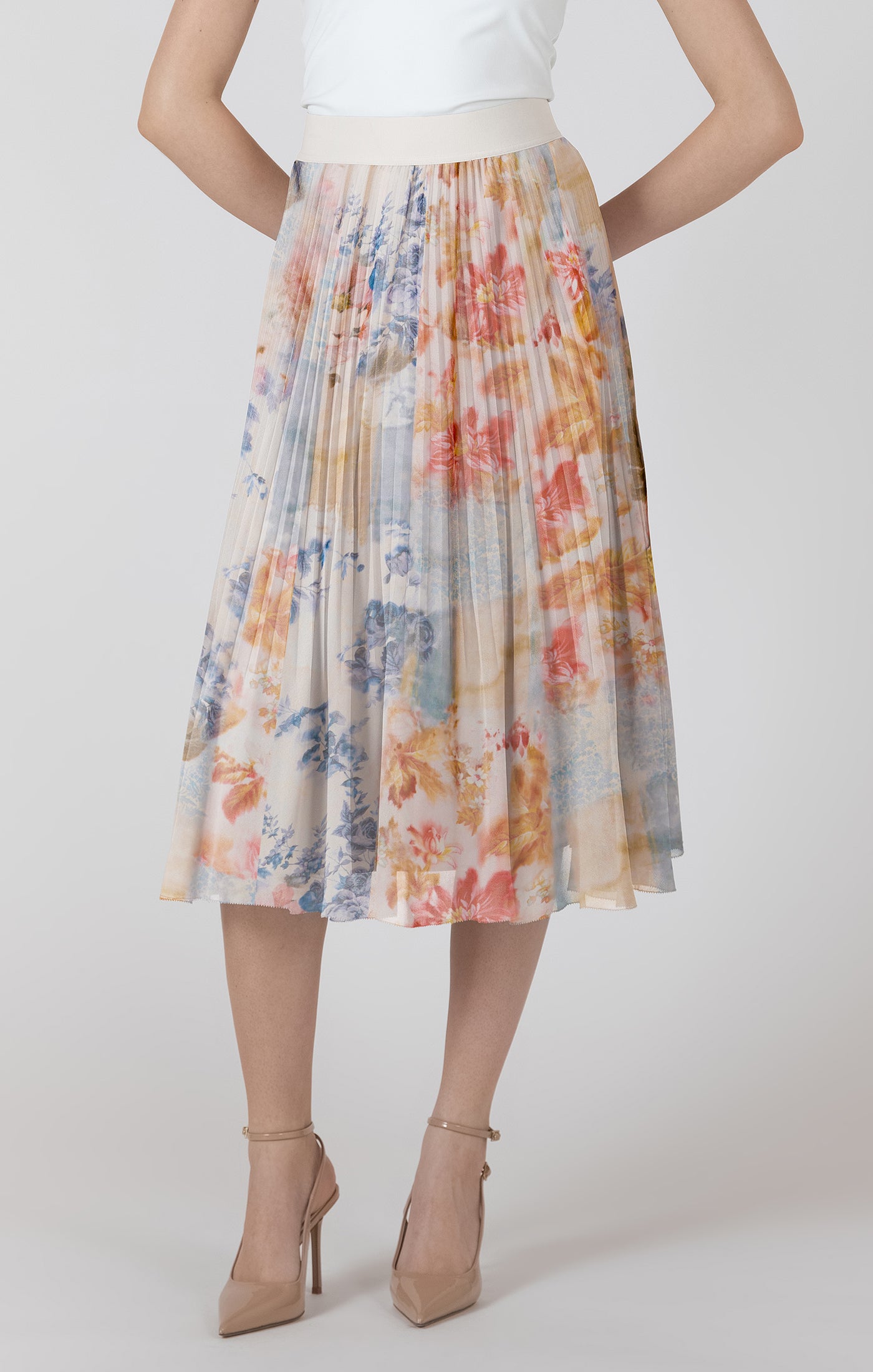 Pastel Petals Pleated Midi Skirt by Dex