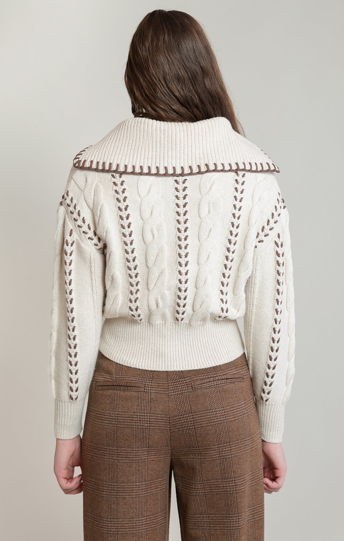 Stitched Together Cable Knit Sweater Jacket in Oatmeal by Dex
