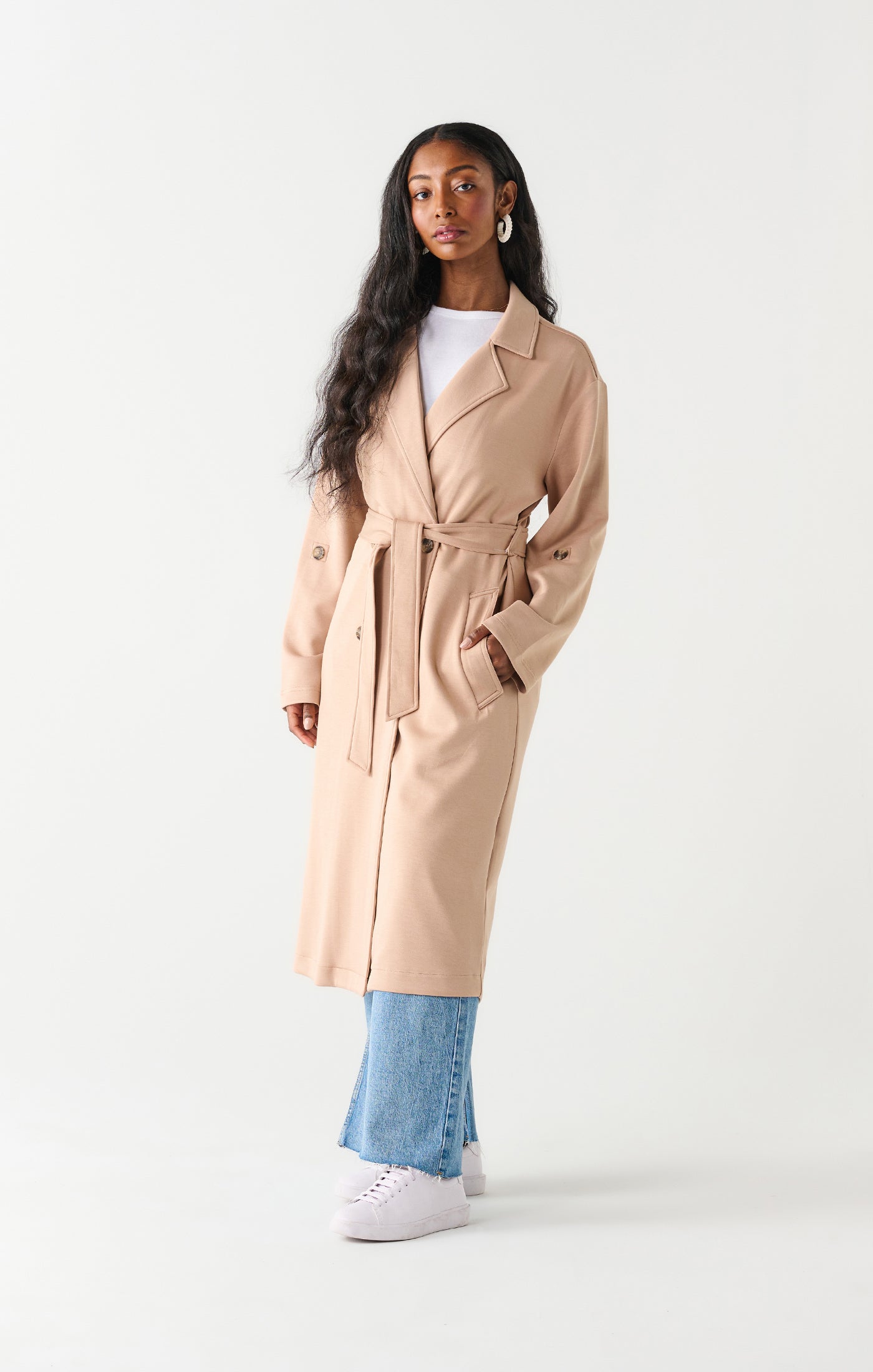 Double Breasted Knit Trench in Taupe by Dex