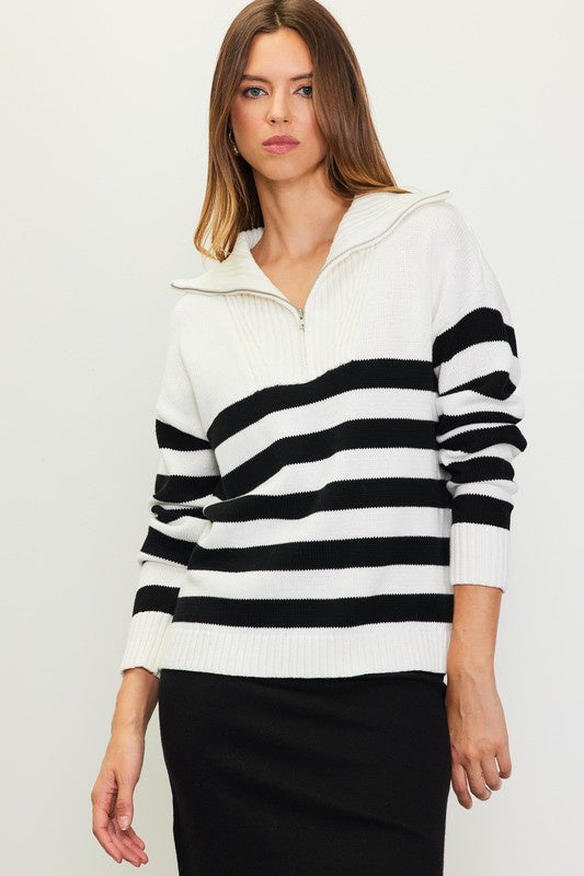 50% OFF - Striped Half Zip Cotton Sweater