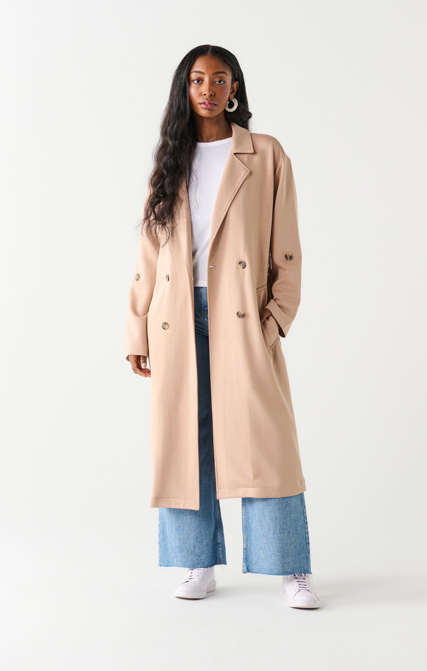 Double Breasted Knit Trench in Taupe by Dex