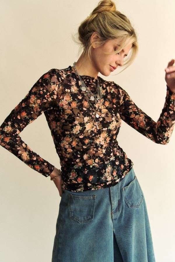 Floral Print Lace Mesh Layering Top